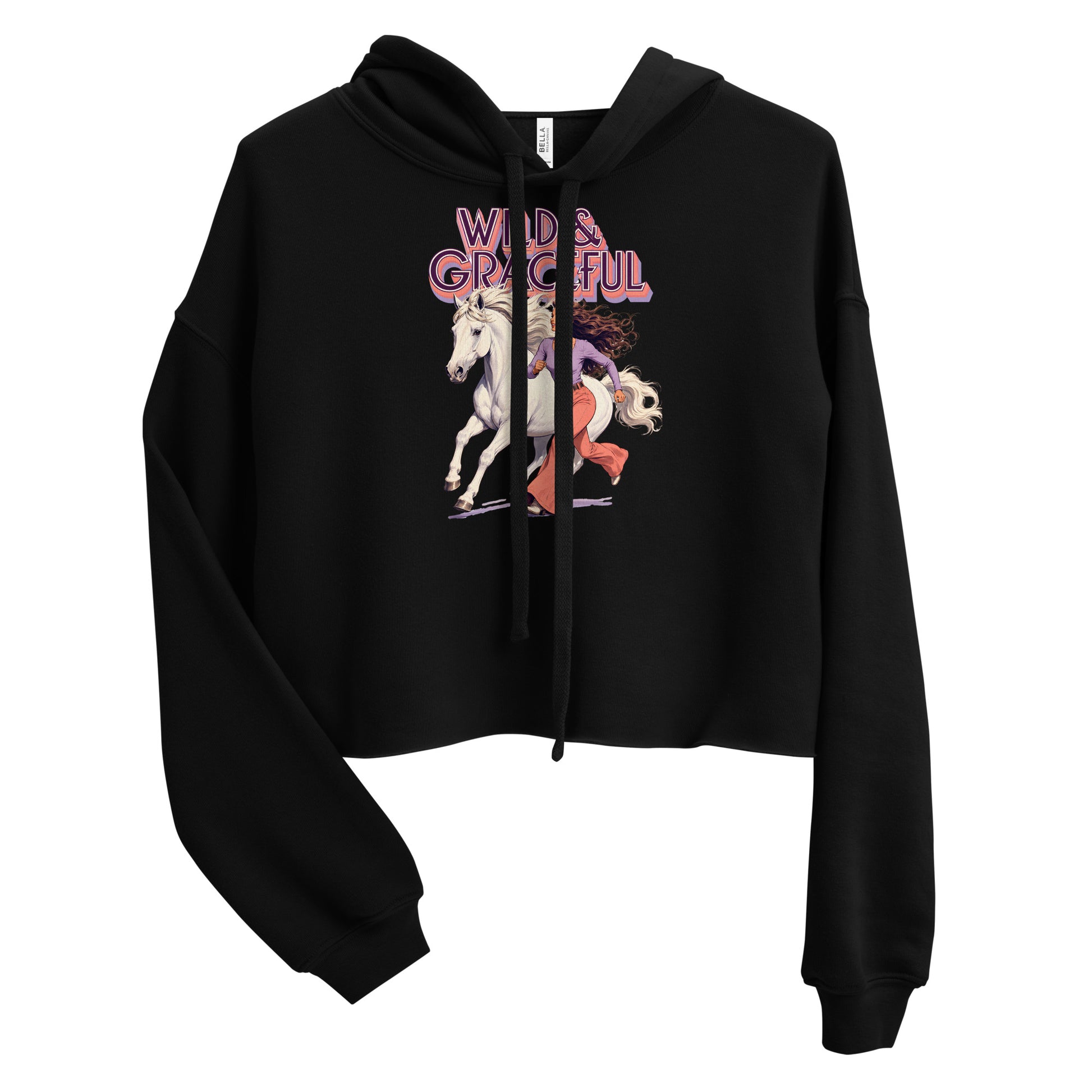 Wild & Graceful White Horse Crop Hoodie | Trendy Retro Pullover for Horse Lovers H-22 by printfluence.net