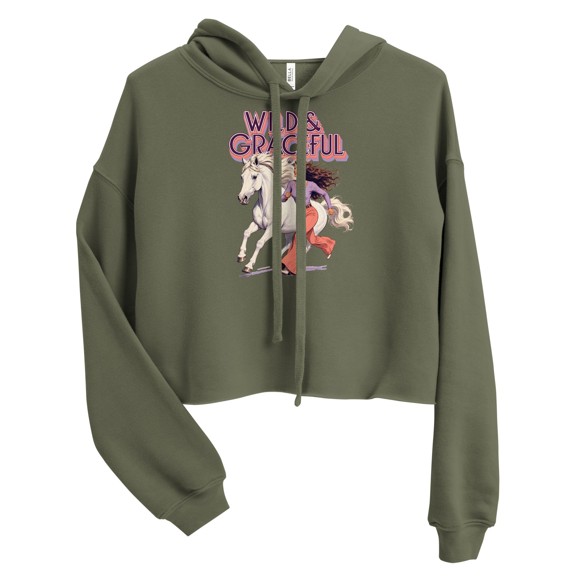 Wild & Graceful White Horse Crop Hoodie | Trendy Retro Pullover for Horse Lovers H-22 by printfluence.net