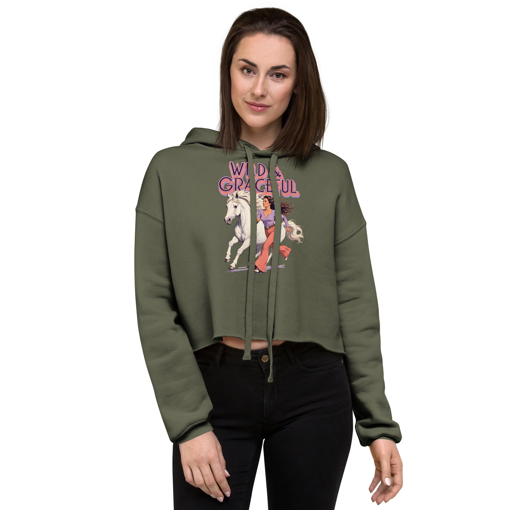 Wild & Graceful White Horse Crop Hoodie | Trendy Retro Pullover for Horse Lovers H-22 by printfluence.net
