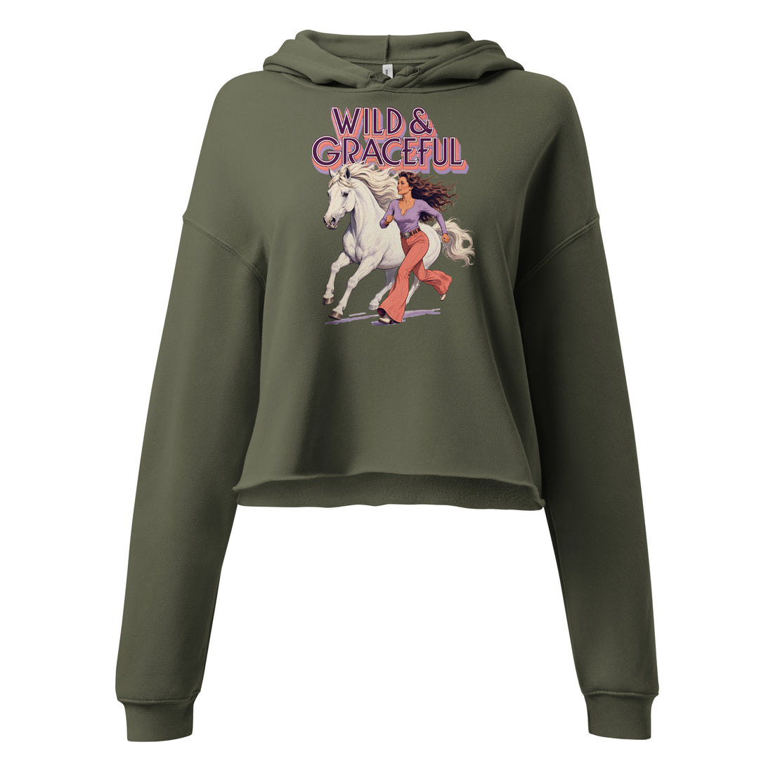 Wild & Graceful White Horse Crop Hoodie | Trendy Retro Pullover for Horse Lovers H-22 by printfluence.net