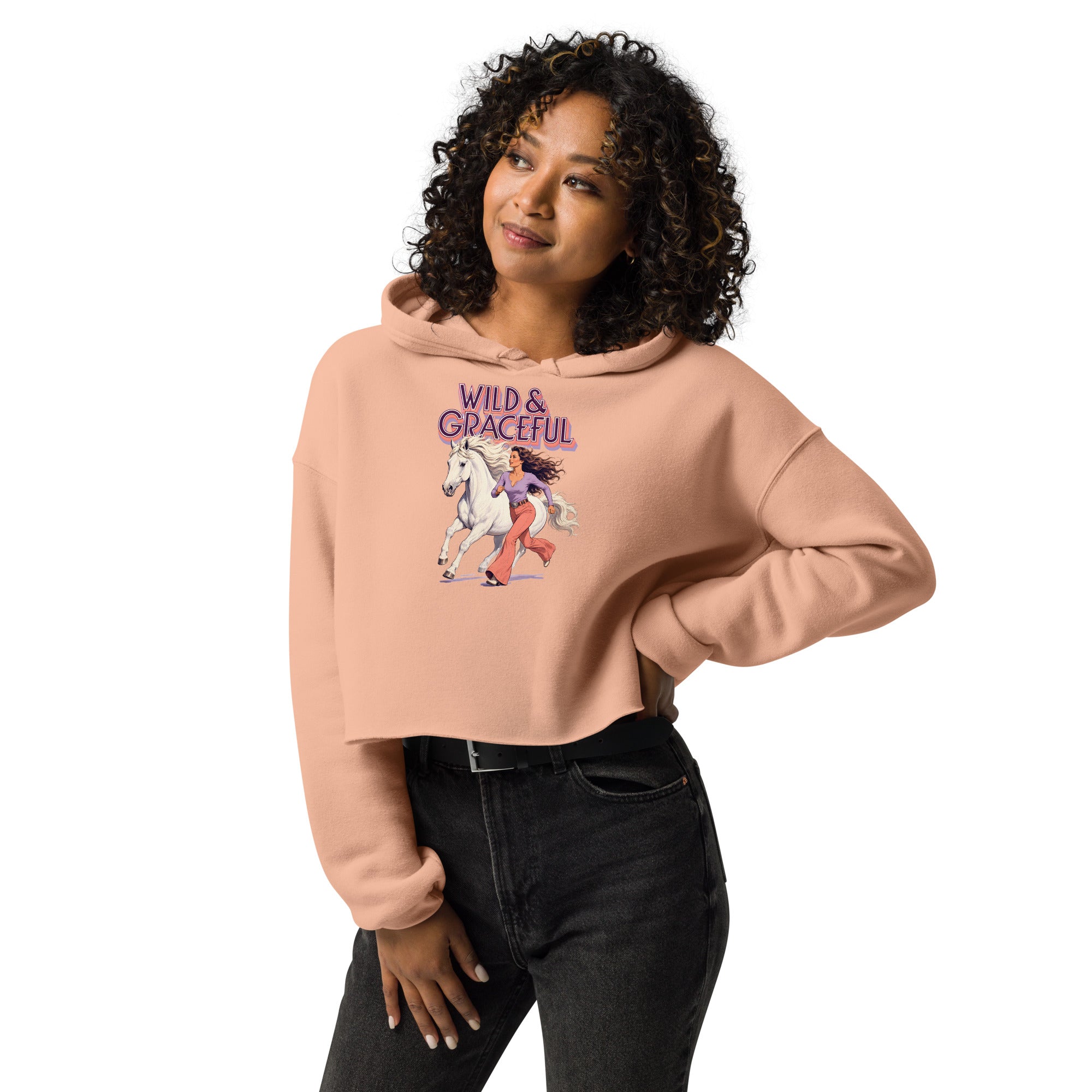 Wild & Graceful White Horse Crop Hoodie | Trendy Retro Pullover for Horse Lovers H-22 by printfluence.net