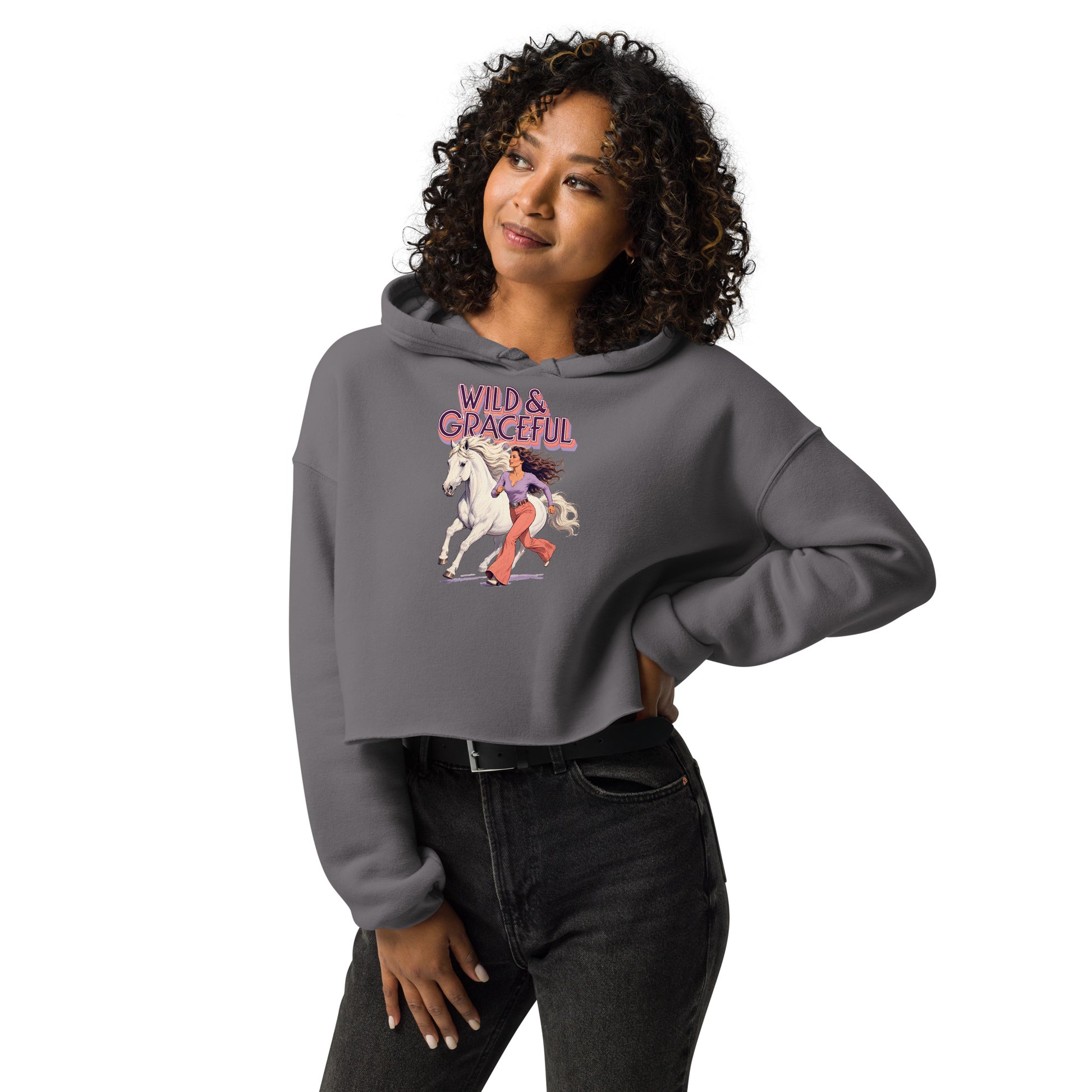 Wild & Graceful White Horse Crop Hoodie | Trendy Retro Pullover for Horse Lovers H-22 by printfluence.net