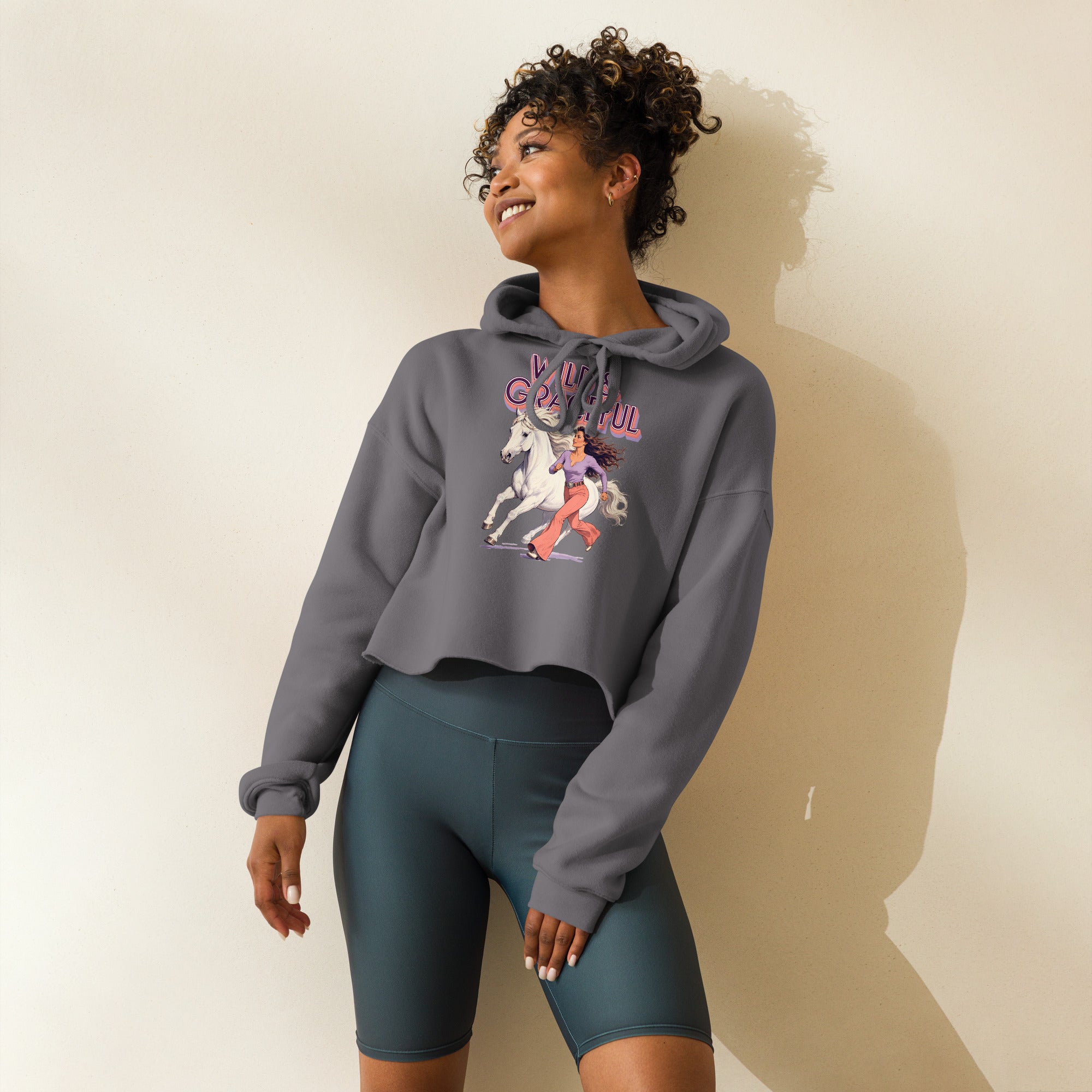 Wild & Graceful White Horse Crop Hoodie | Trendy Retro Pullover for Horse Lovers H-22 by printfluence.net