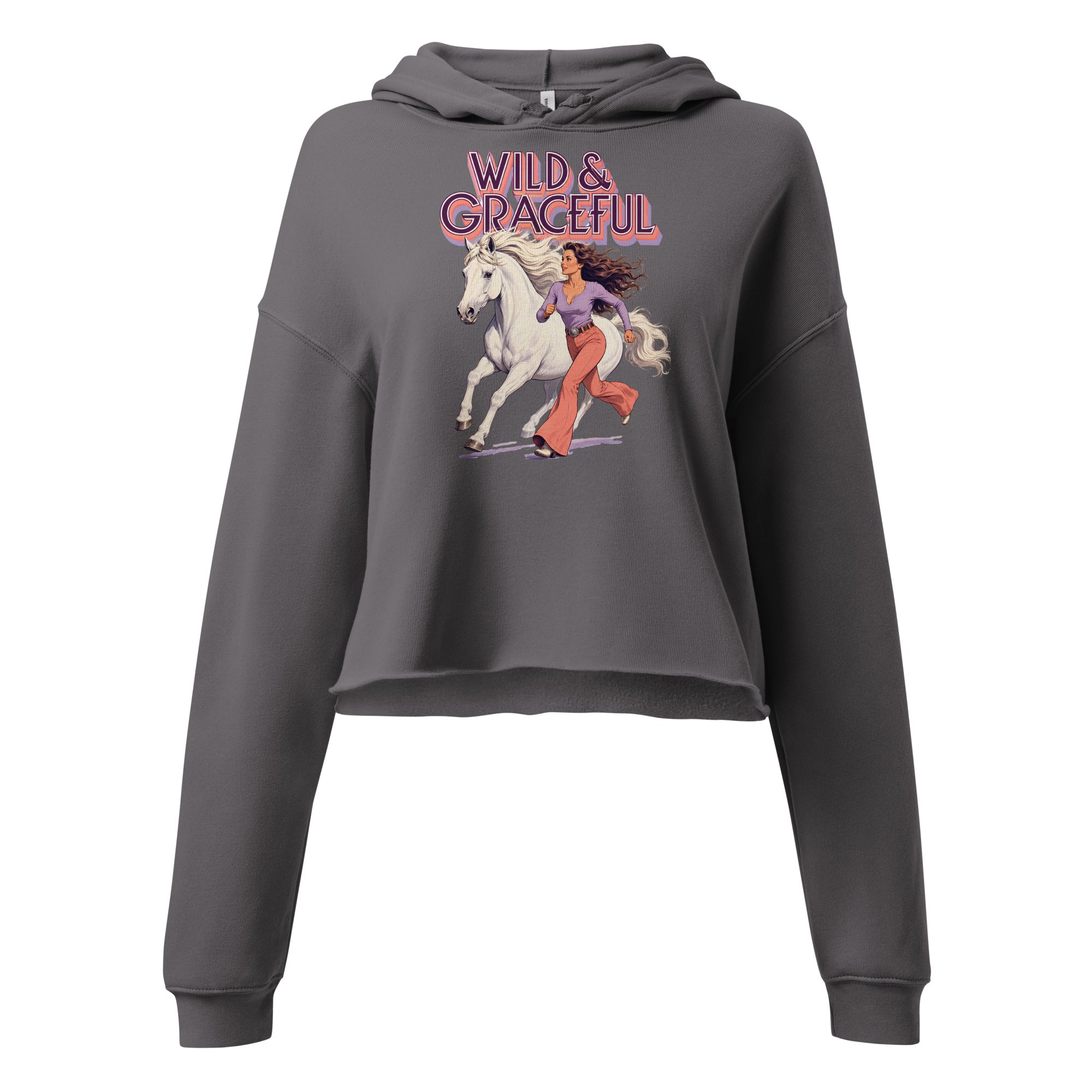Wild & Graceful White Horse Crop Hoodie | Trendy Retro Pullover for Horse Lovers H-22 by printfluence.net