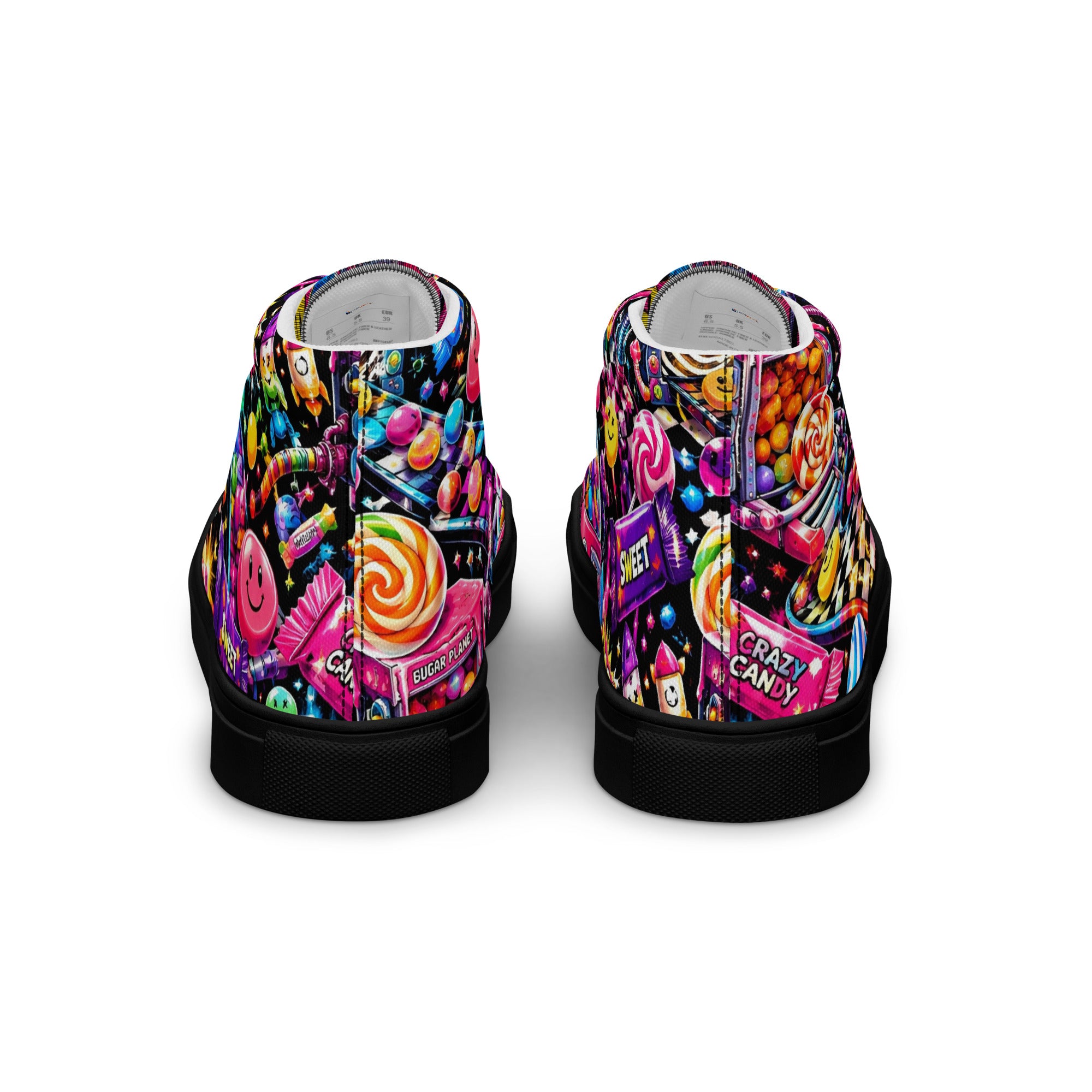 Women’s high top canvas shoes - Elite Sugar Planet Candy Machine - Premium Neon Pop Art Seamless Design by printfluence.net