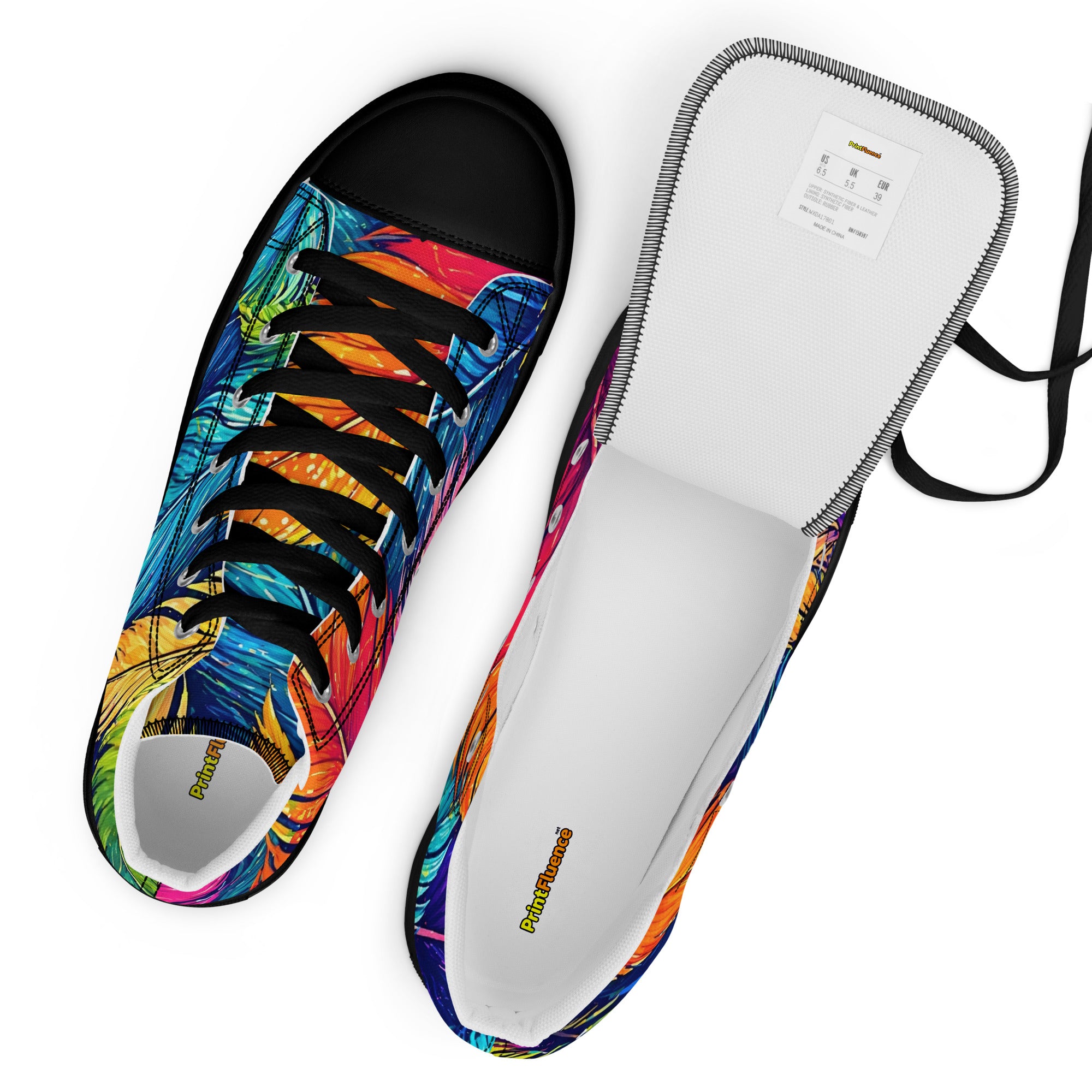 Women’s high top canvas shoes - Boho Spirit: Women’s High Top Canvas Shoes - Vibrant Feather Fantasy Design by printfluence.net