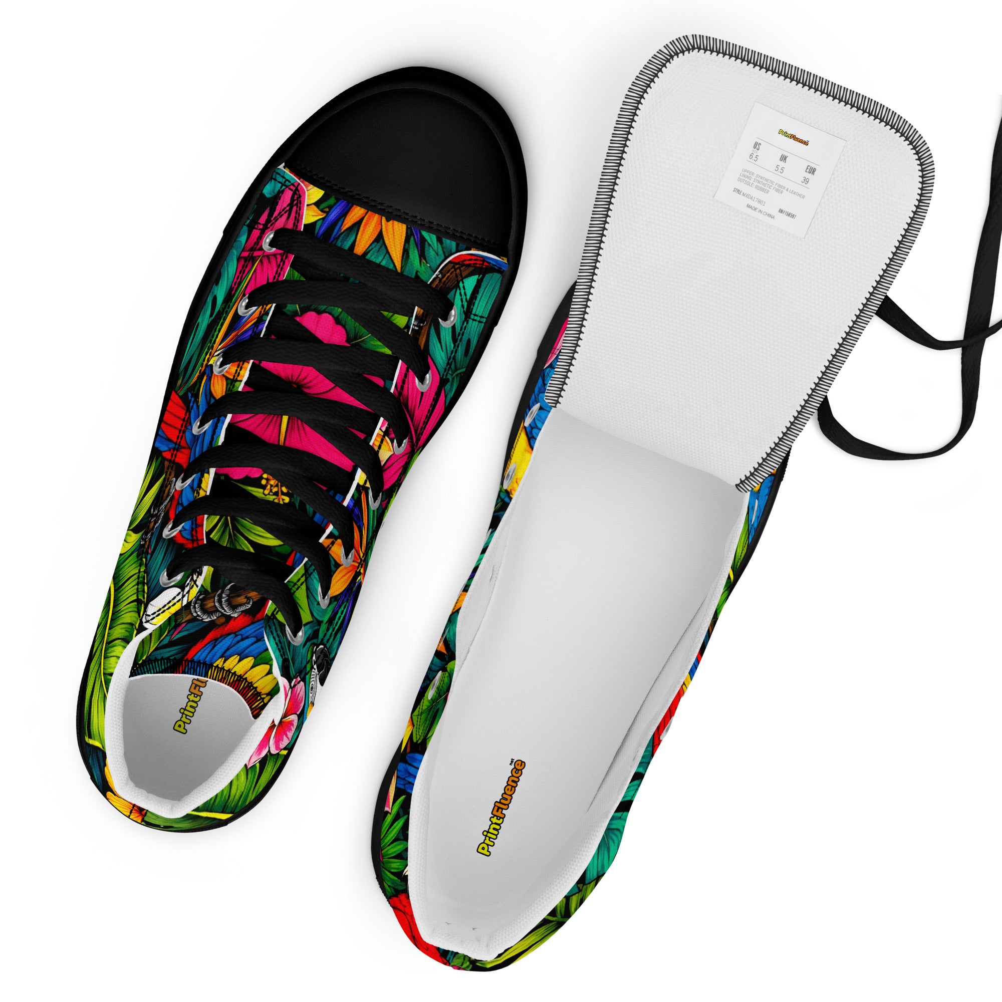 Women’s high top canvas shoes - Tropical Paradiso: Women’s High Top Canvas Shoes - Exotic Parrot & Floral Art by printfluence.net