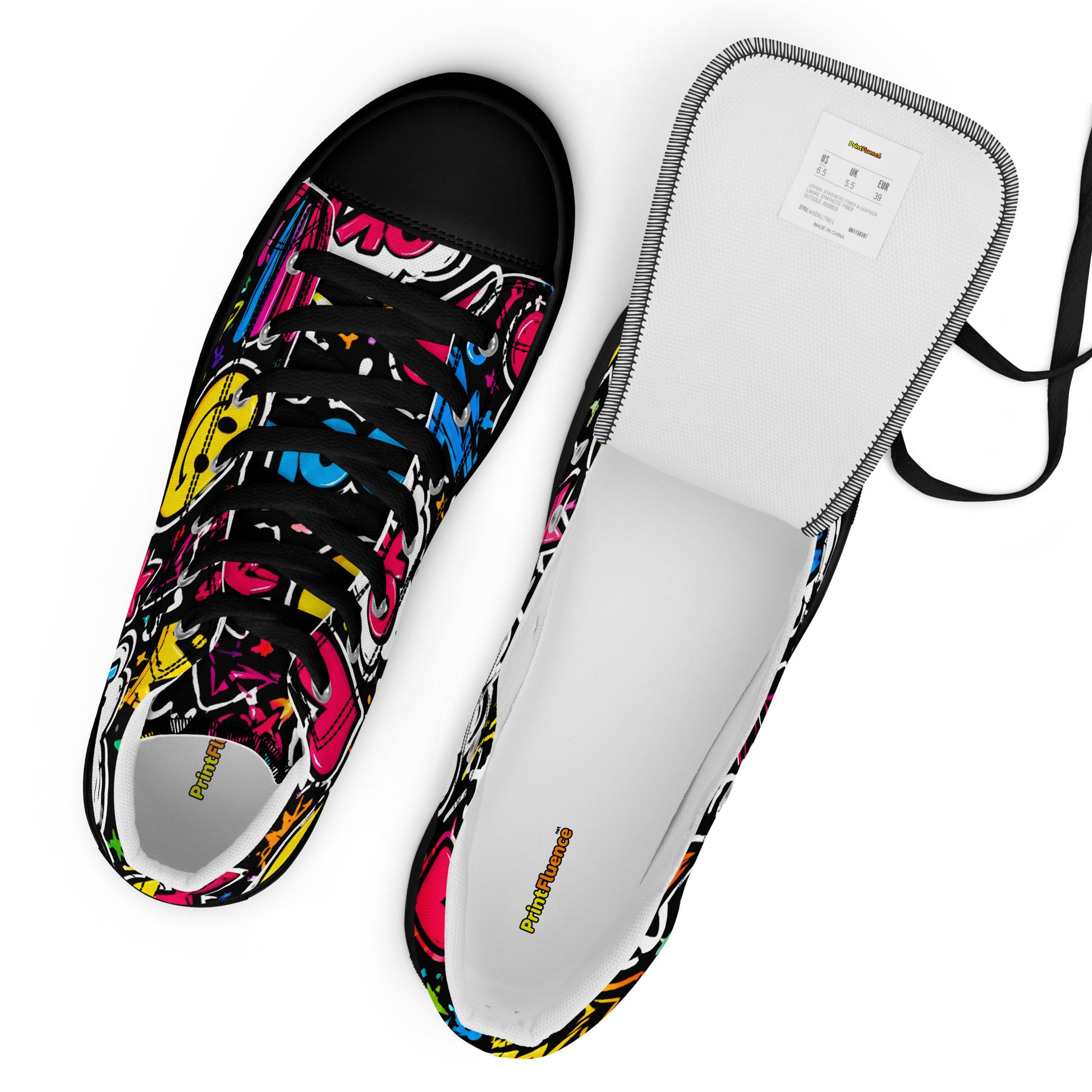 Women’s high top canvas shoes - Happy Vibes: Women’s High Top Canvas Shoes - Colorful Pop Art & Emoji Doodles by printfluence.net