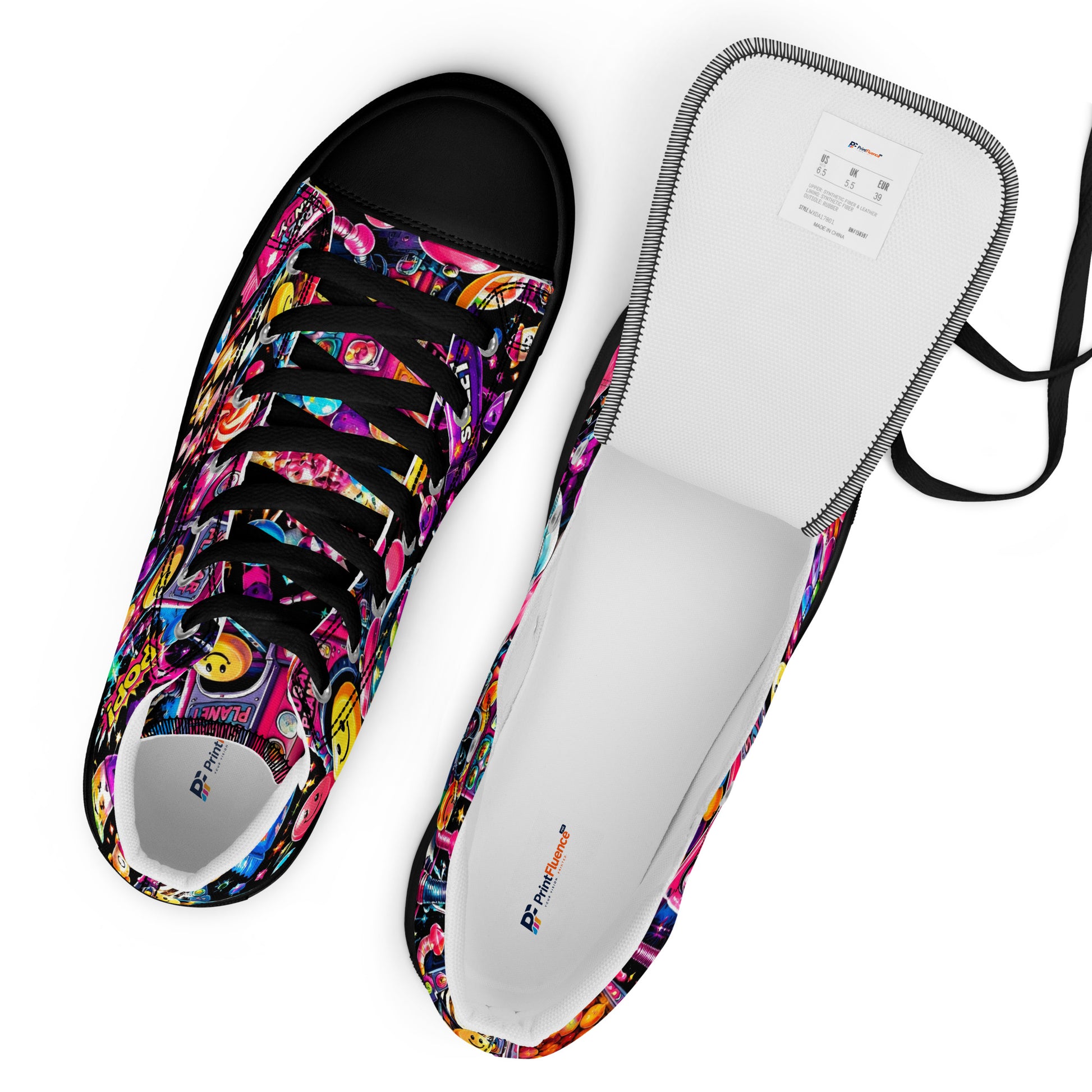Women’s high top canvas shoes - Elite Sugar Planet Candy Machine - Premium Neon Pop Art Seamless Design by printfluence.net