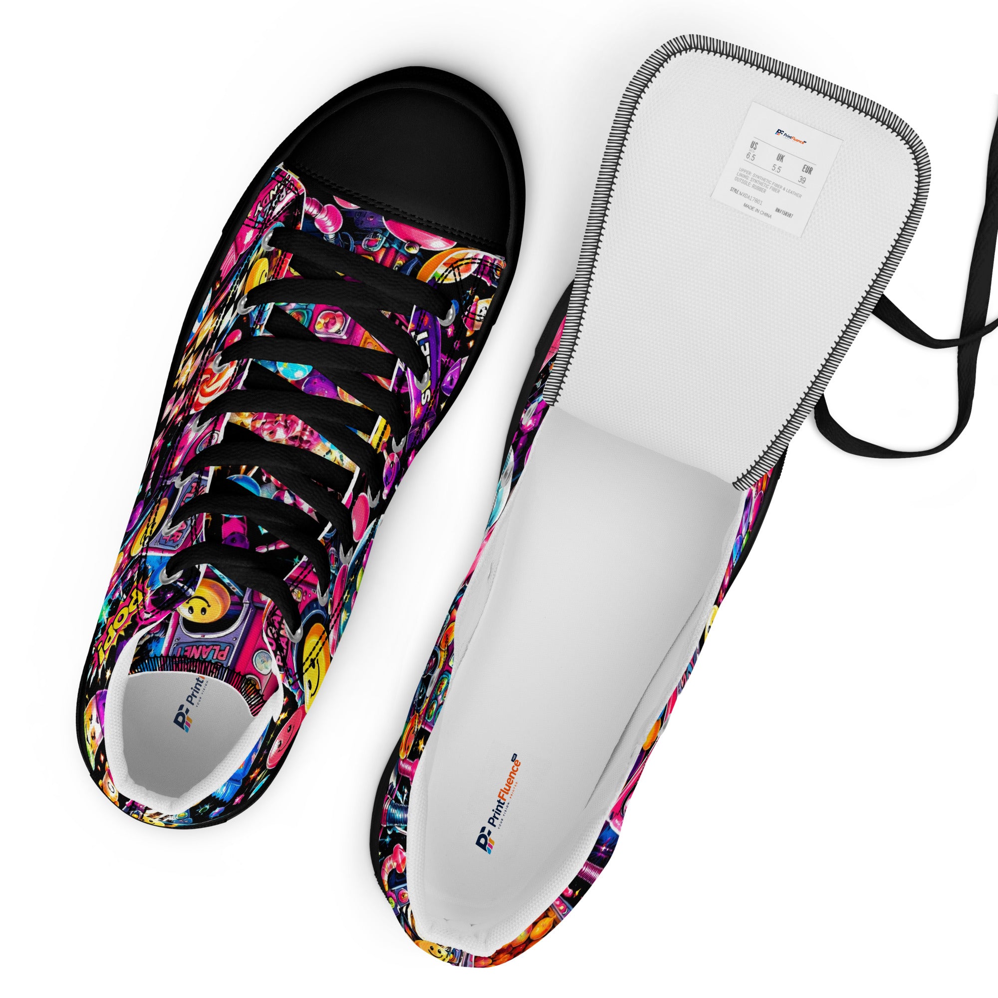 Women’s high top canvas shoes - Elite Sugar Planet Candy Machine - Premium Neon Pop Art Seamless Design by printfluence.net