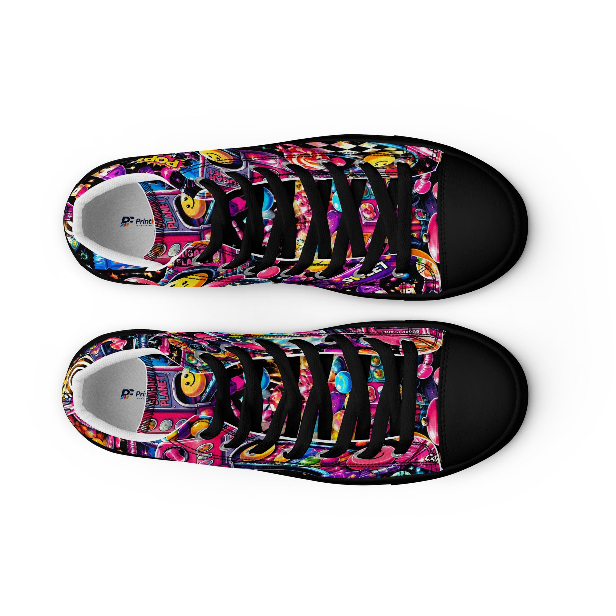 Women’s high top canvas shoes - Elite Sugar Planet Candy Machine - Premium Neon Pop Art Seamless Design by printfluence.net