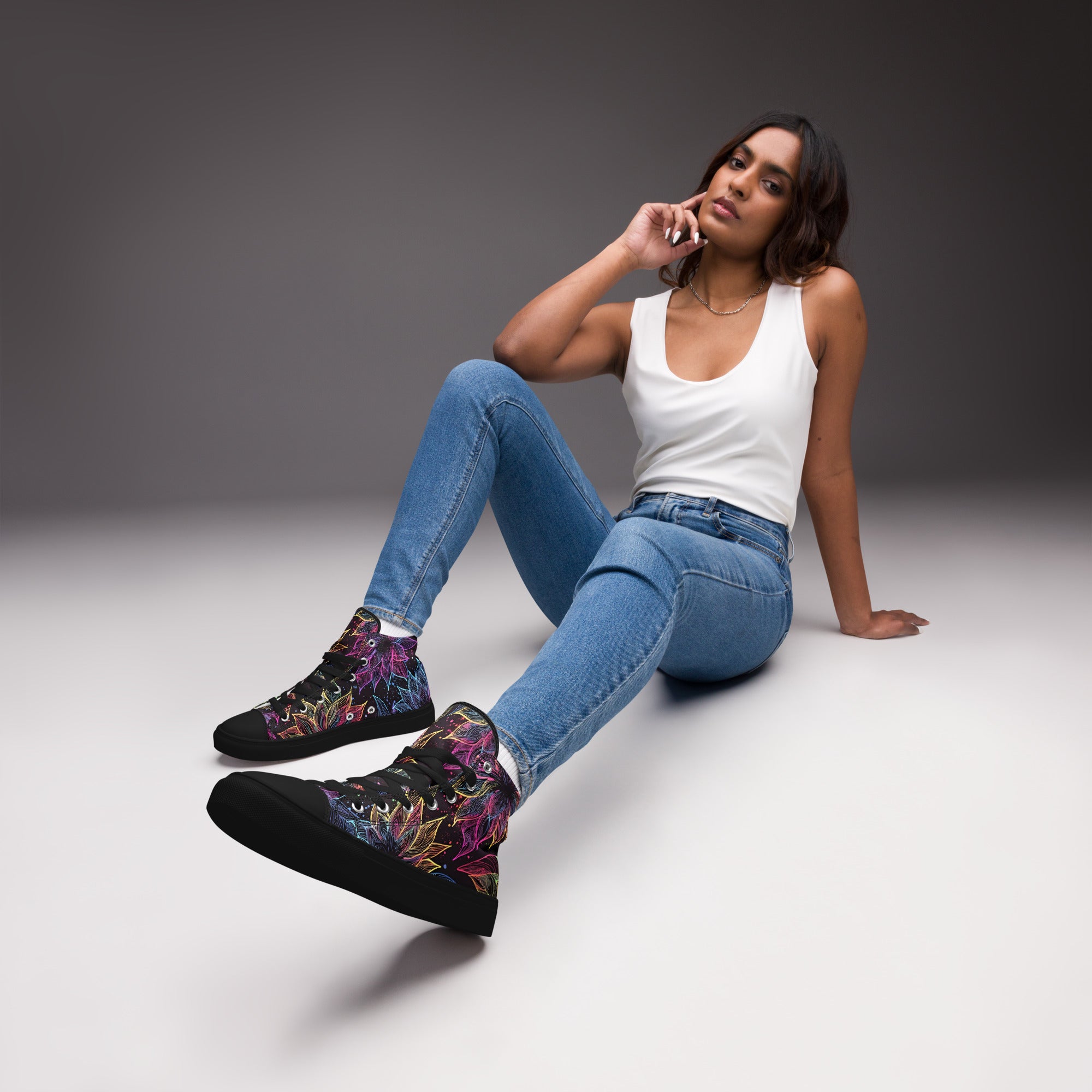 Women’s high top canvas shoes - Neon Lotus High Top Canvas Shoes – Glowing Floral Women's Sneakers by printfluence.net