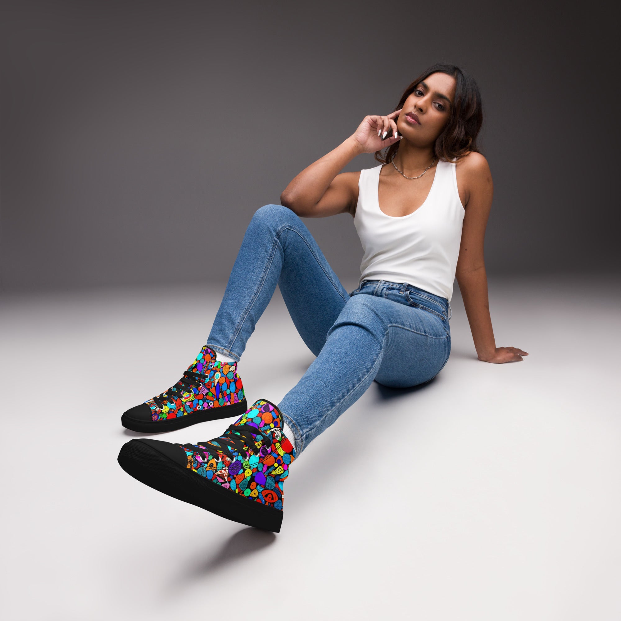 Women’s high top canvas shoes - Red Icon Pattern High Top Canvas Shoes – Bold Women’s Sneakers with Trendy All-Over Print by printfluence.net