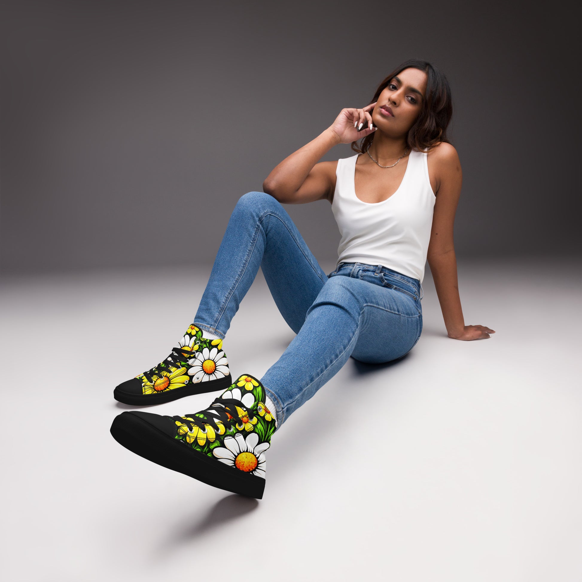 Women’s high top canvas shoes - Sunny Daisy High Tops – Women’s Floral Canvas Sneakers by printfluence.net