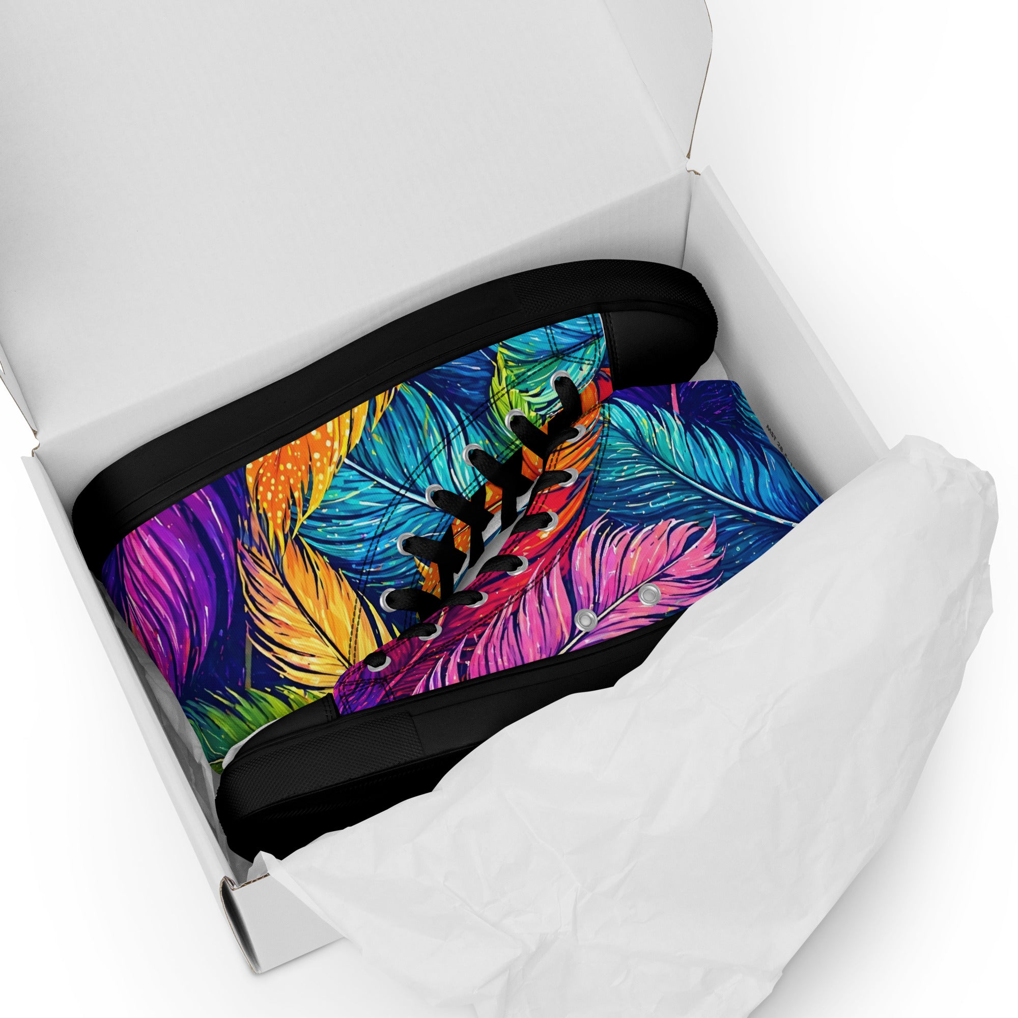 Women’s high top canvas shoes - Boho Spirit: Women’s High Top Canvas Shoes - Vibrant Feather Fantasy Design by printfluence.net