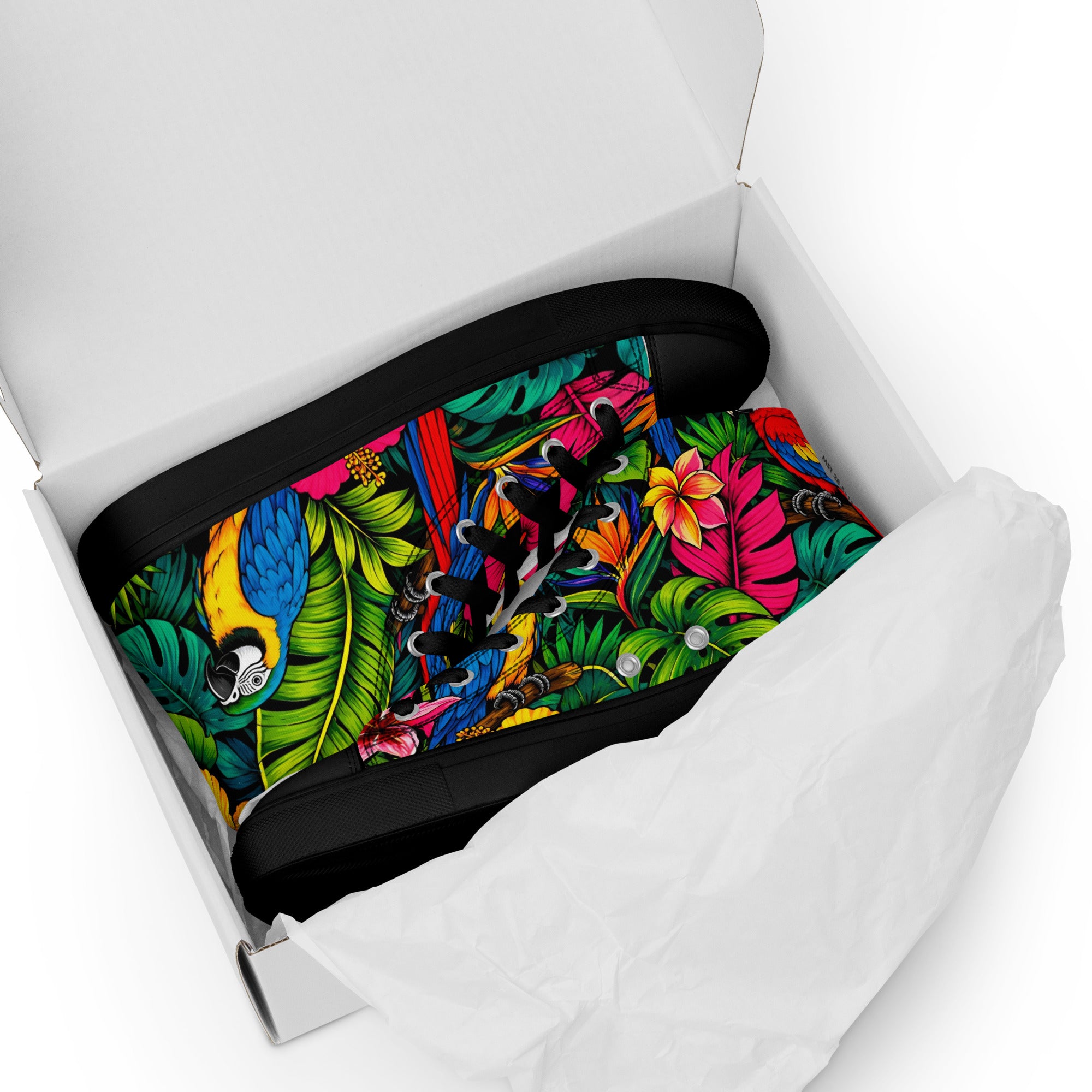 Women’s high top canvas shoes - Tropical Paradiso: Women’s High Top Canvas Shoes - Exotic Parrot & Floral Art by printfluence.net