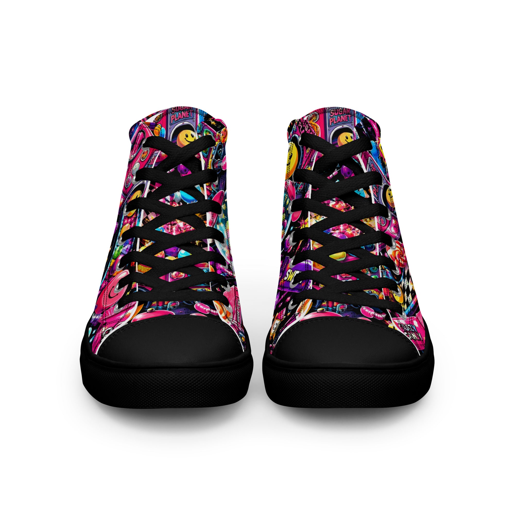 Women’s high top canvas shoes - Elite Sugar Planet Candy Machine - Premium Neon Pop Art Seamless Design by printfluence.net
