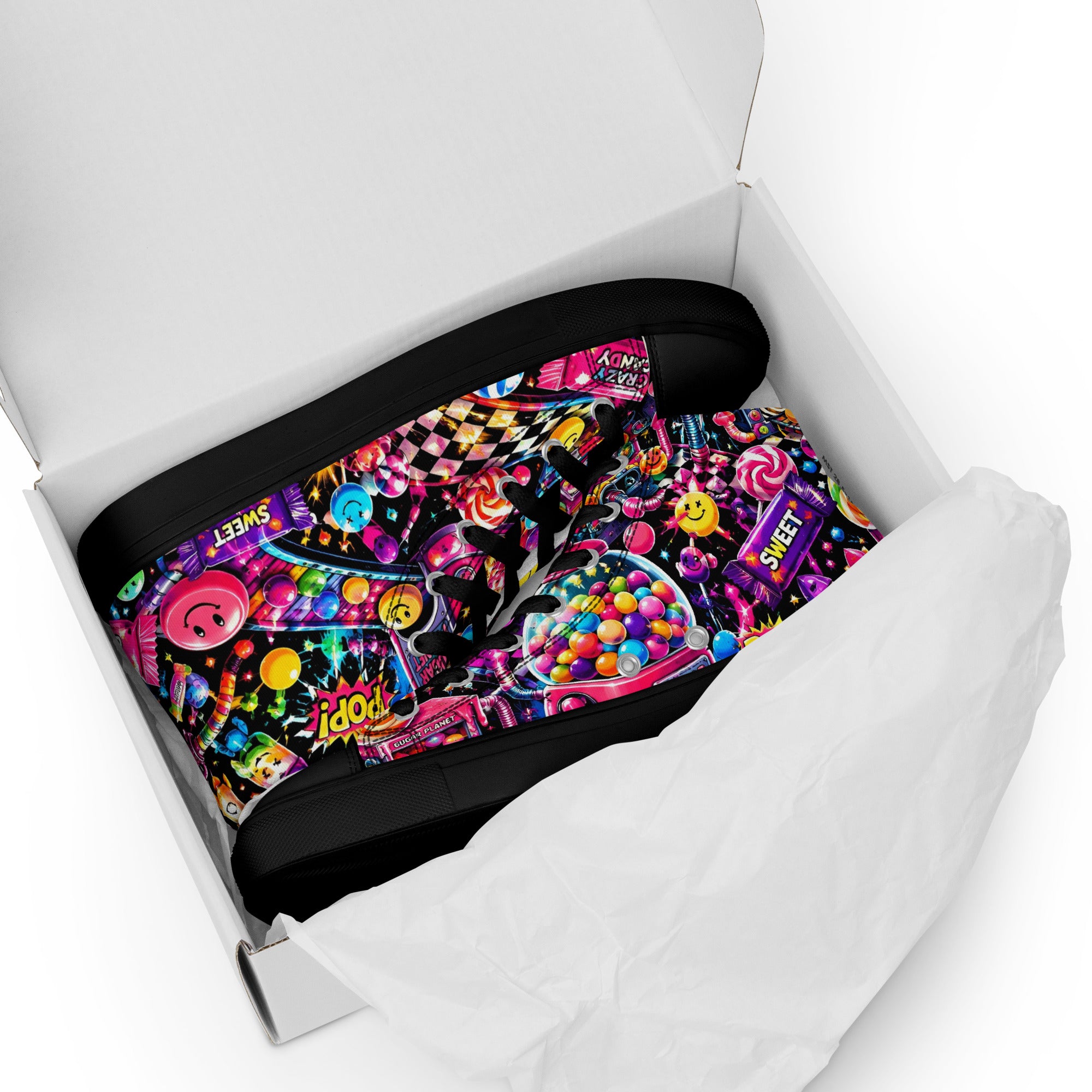 Women’s high top canvas shoes - Elite Sugar Planet Candy Machine - Premium Neon Pop Art Seamless Design by printfluence.net