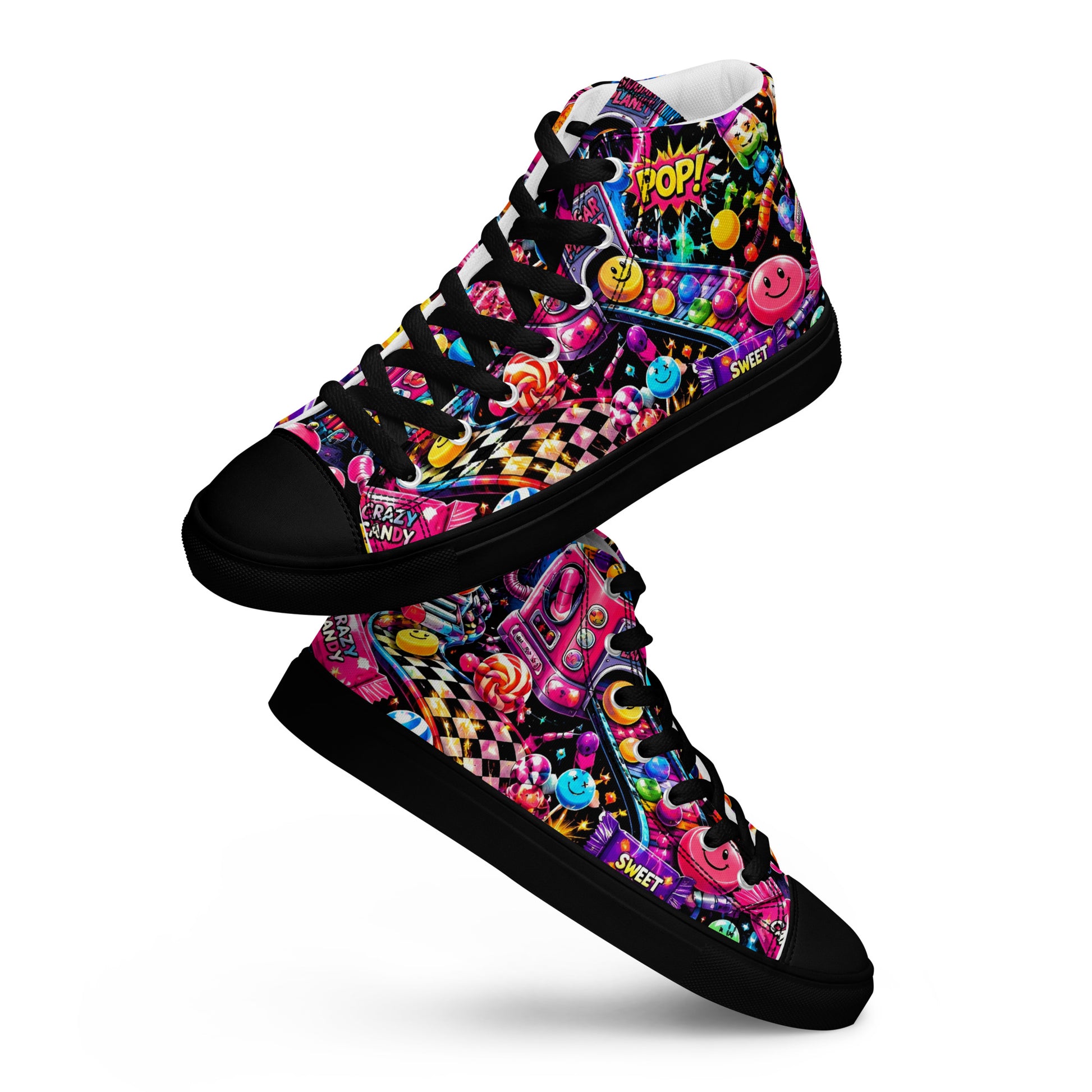 Women’s high top canvas shoes - Elite Sugar Planet Candy Machine - Premium Neon Pop Art Seamless Design by printfluence.net
