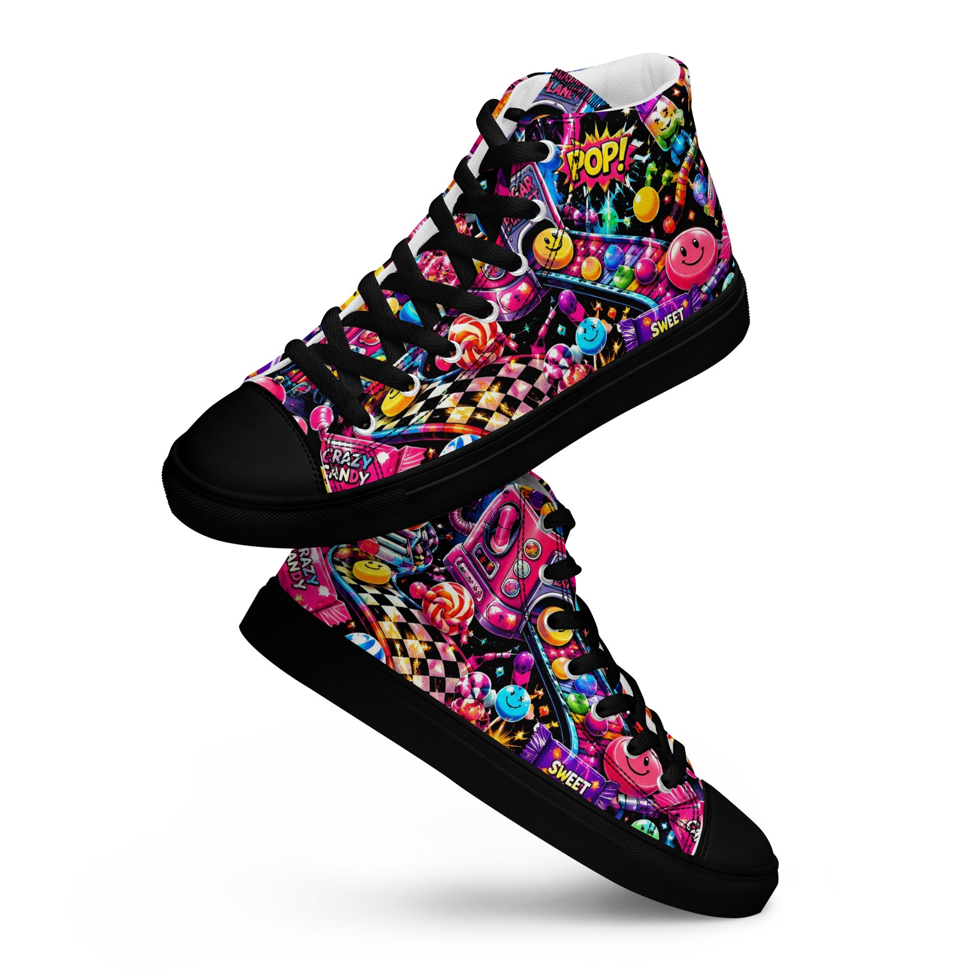 Women’s high top canvas shoes - Elite Sugar Planet Candy Machine - Premium Neon Pop Art Seamless Design by printfluence.net