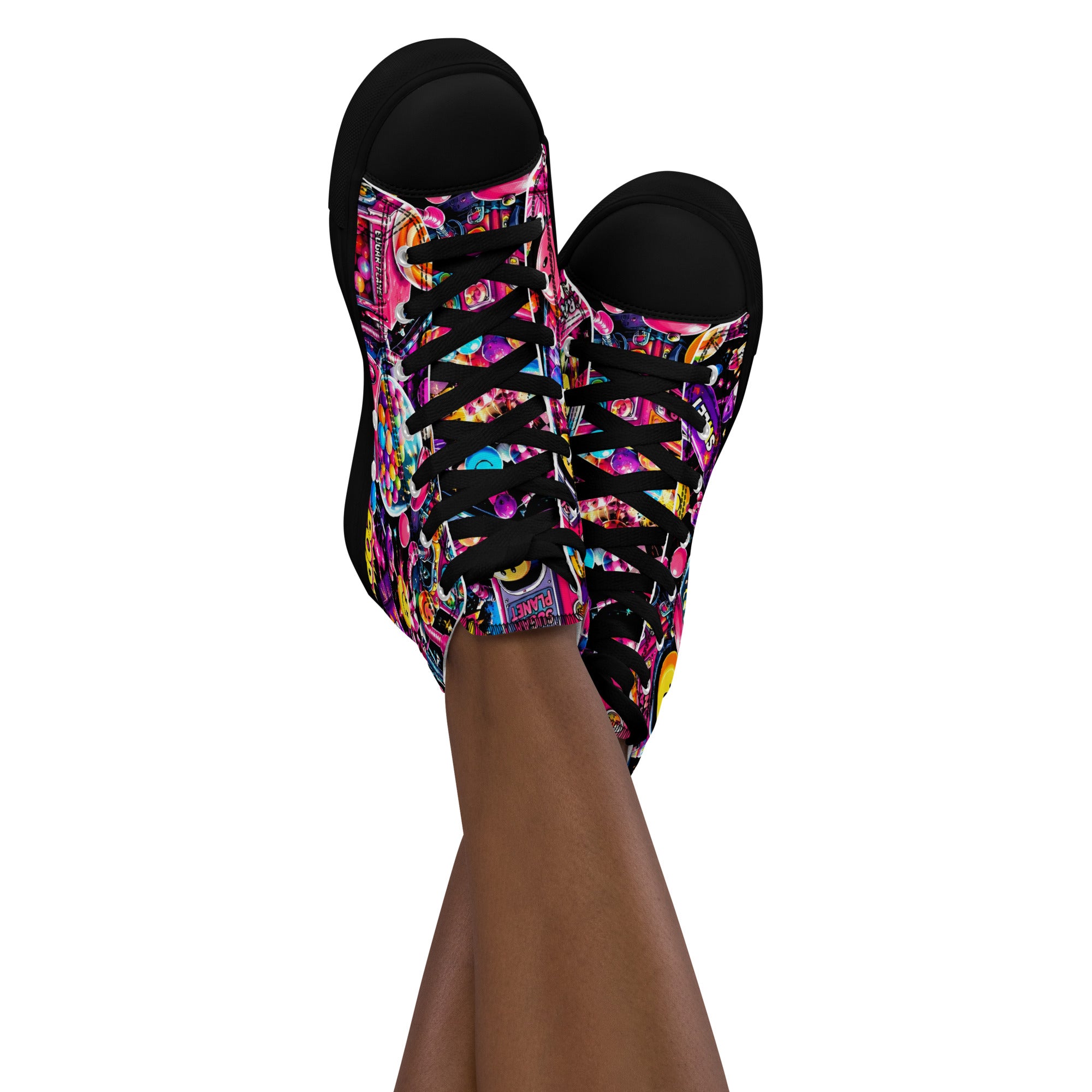 Women’s high top canvas shoes - Elite Sugar Planet Candy Machine - Premium Neon Pop Art Seamless Design by printfluence.net