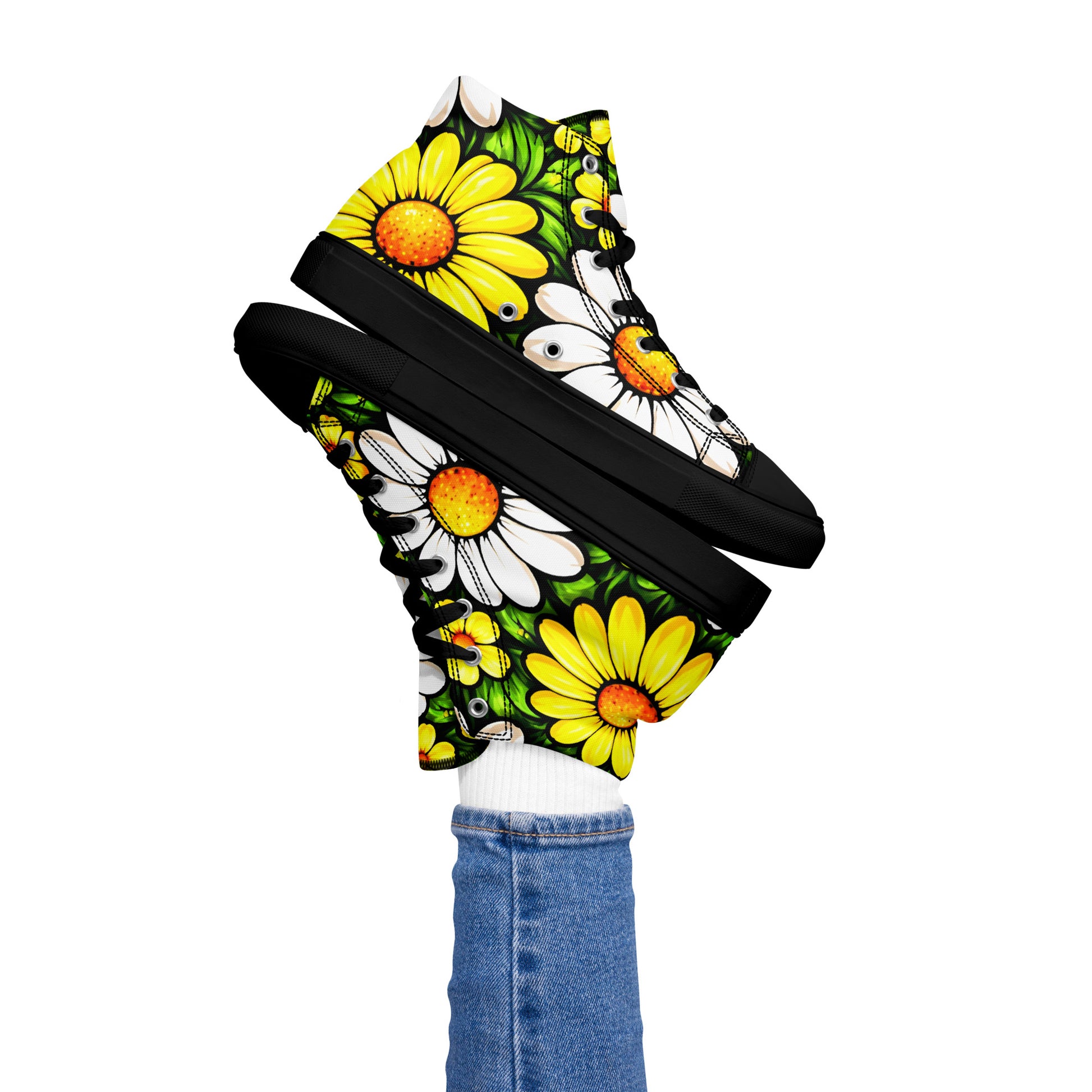 Women’s high top canvas shoes - Sunny Daisy High Tops – Women’s Floral Canvas Sneakers by printfluence.net