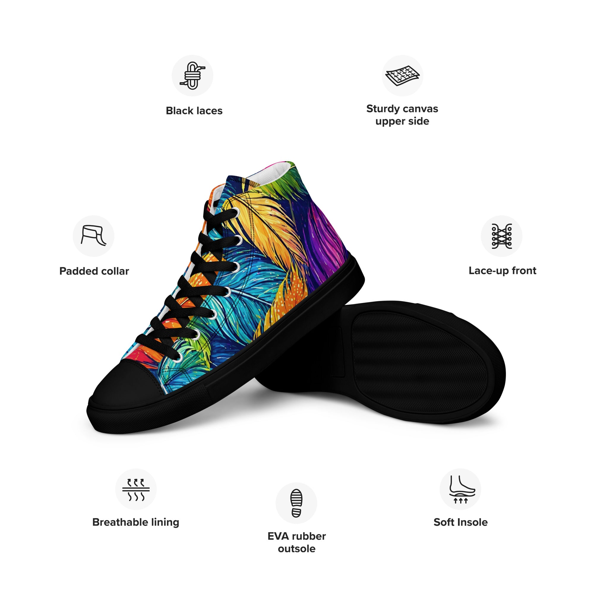 Women’s high top canvas shoes - Boho Spirit: Women’s High Top Canvas Shoes - Vibrant Feather Fantasy Design by printfluence.net