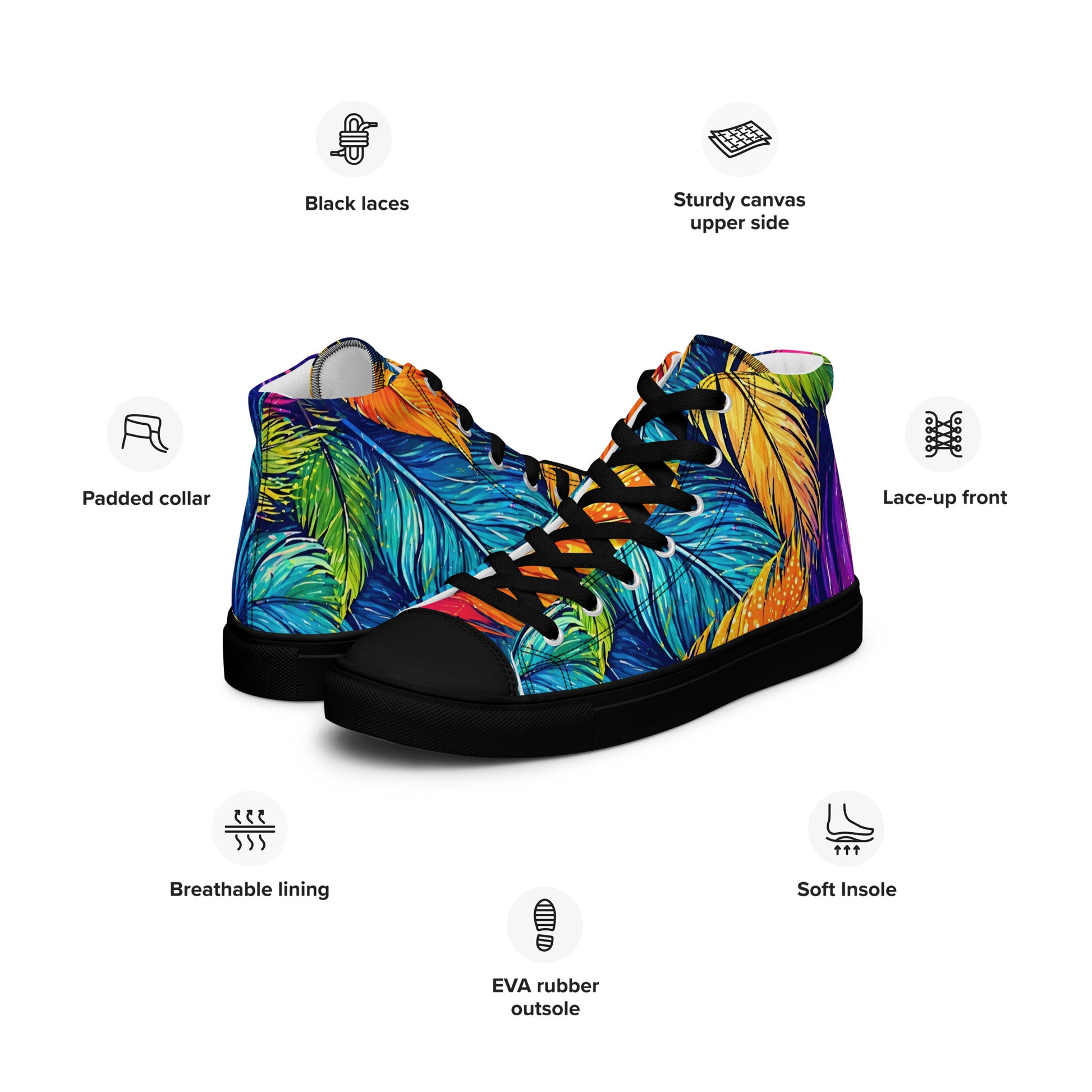 Women’s high top canvas shoes - Boho Spirit: Women’s High Top Canvas Shoes - Vibrant Feather Fantasy Design by printfluence.net