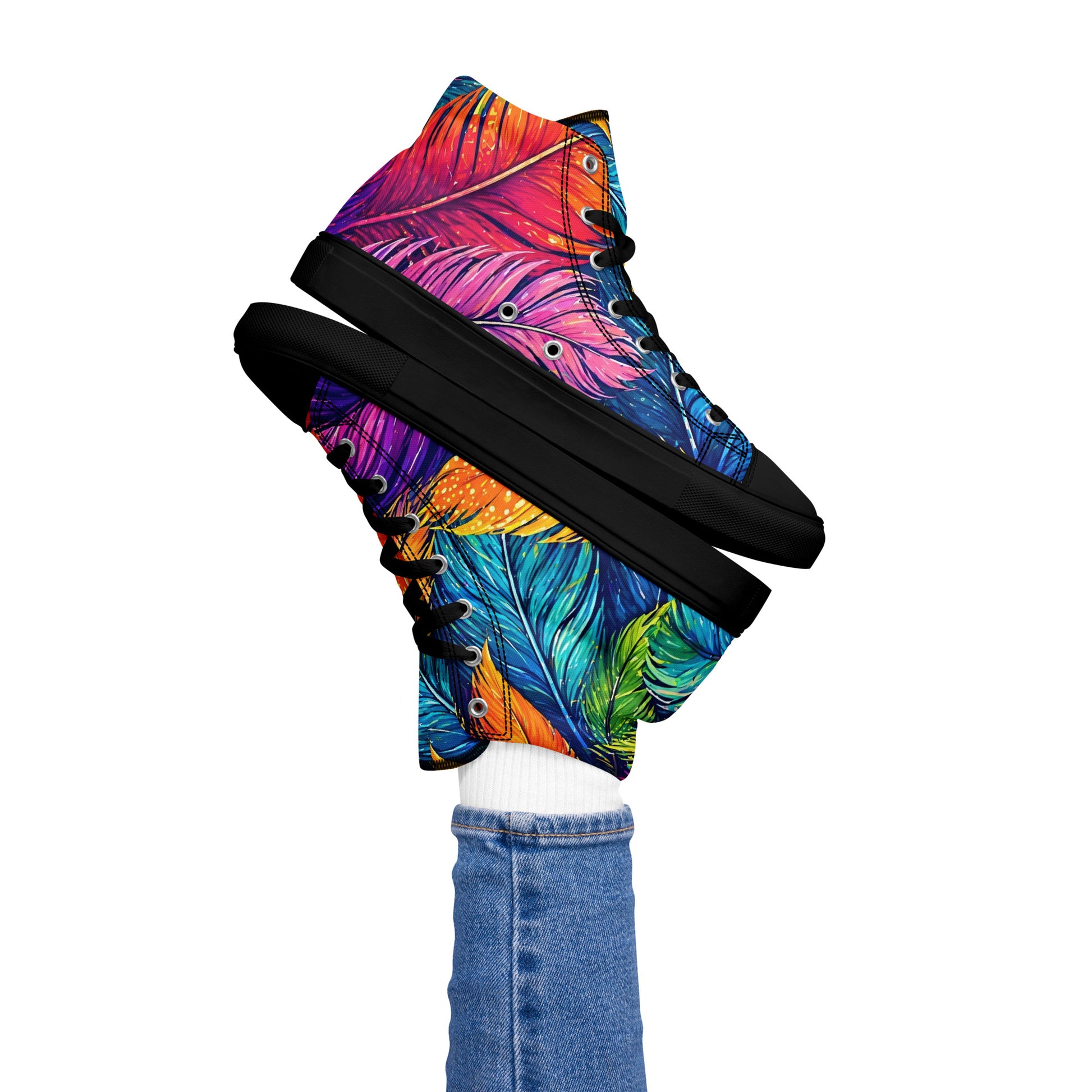 Women’s high top canvas shoes - Boho Spirit: Women’s High Top Canvas Shoes - Vibrant Feather Fantasy Design by printfluence.net