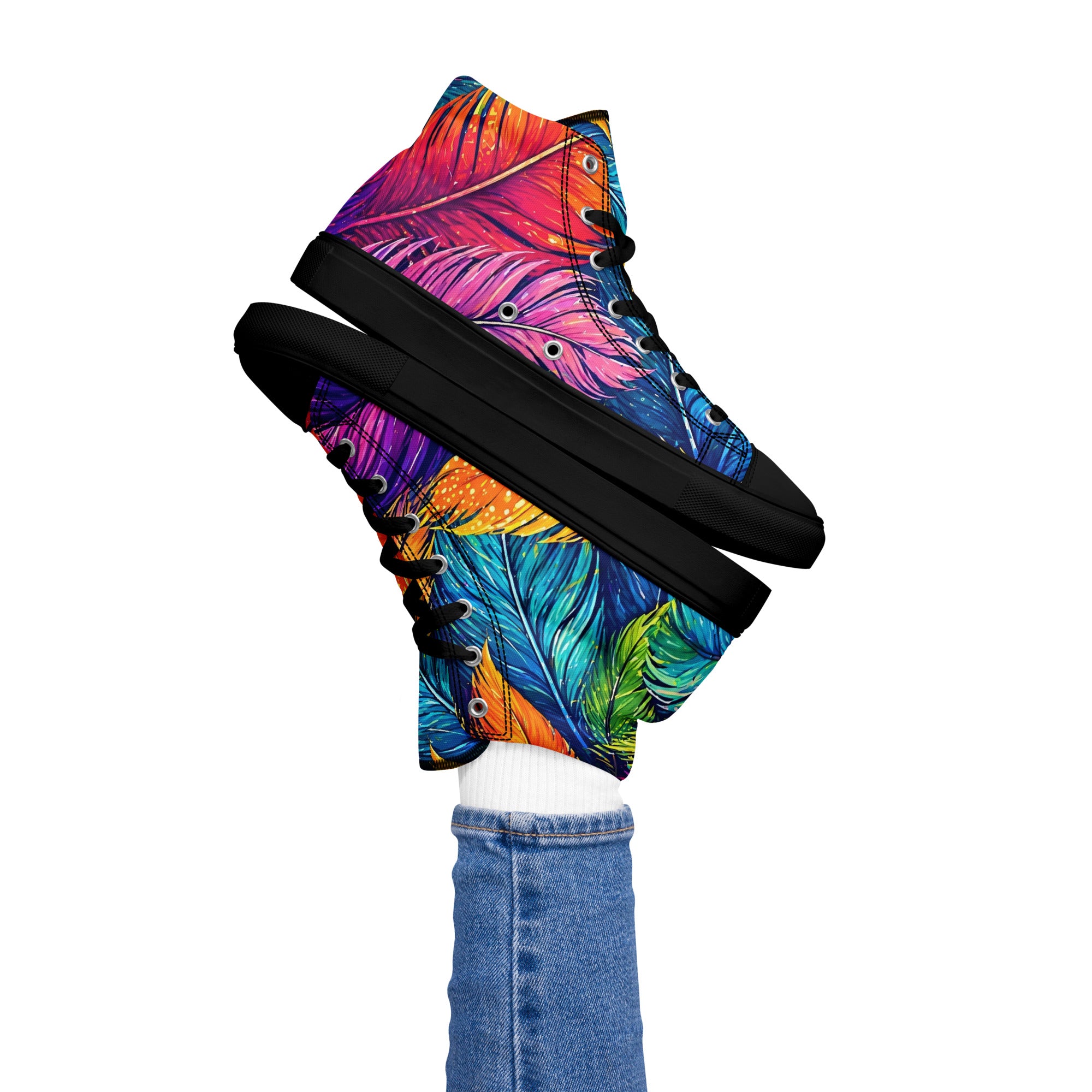 Women’s high top canvas shoes - Boho Spirit: Women’s High Top Canvas Shoes - Vibrant Feather Fantasy Design by printfluence.net