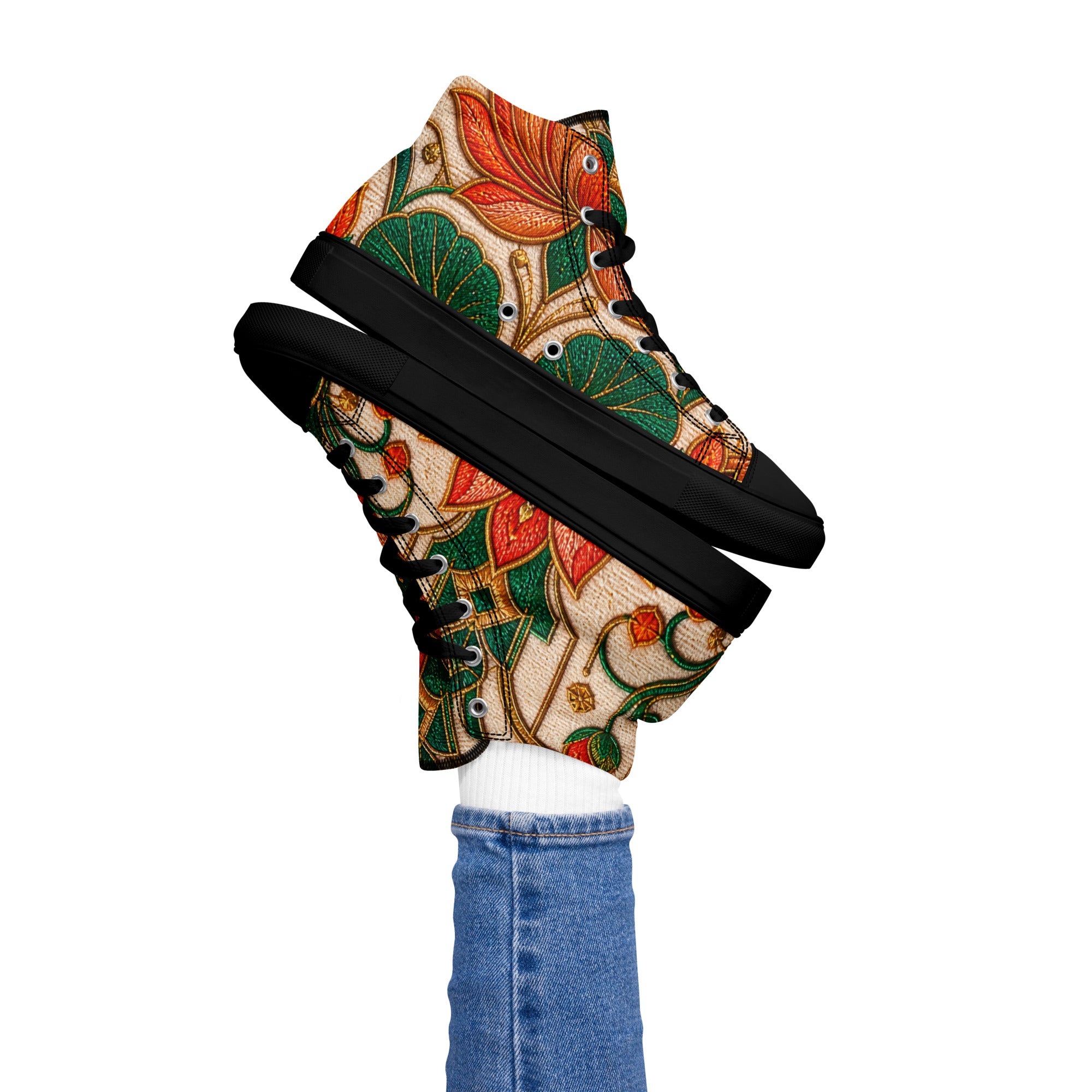 Women’s high top canvas shoes - Golden Lotus Bloom: Women’s High Top Canvas Shoes - Elegant Floral Art Nouveau Design by printfluence.net