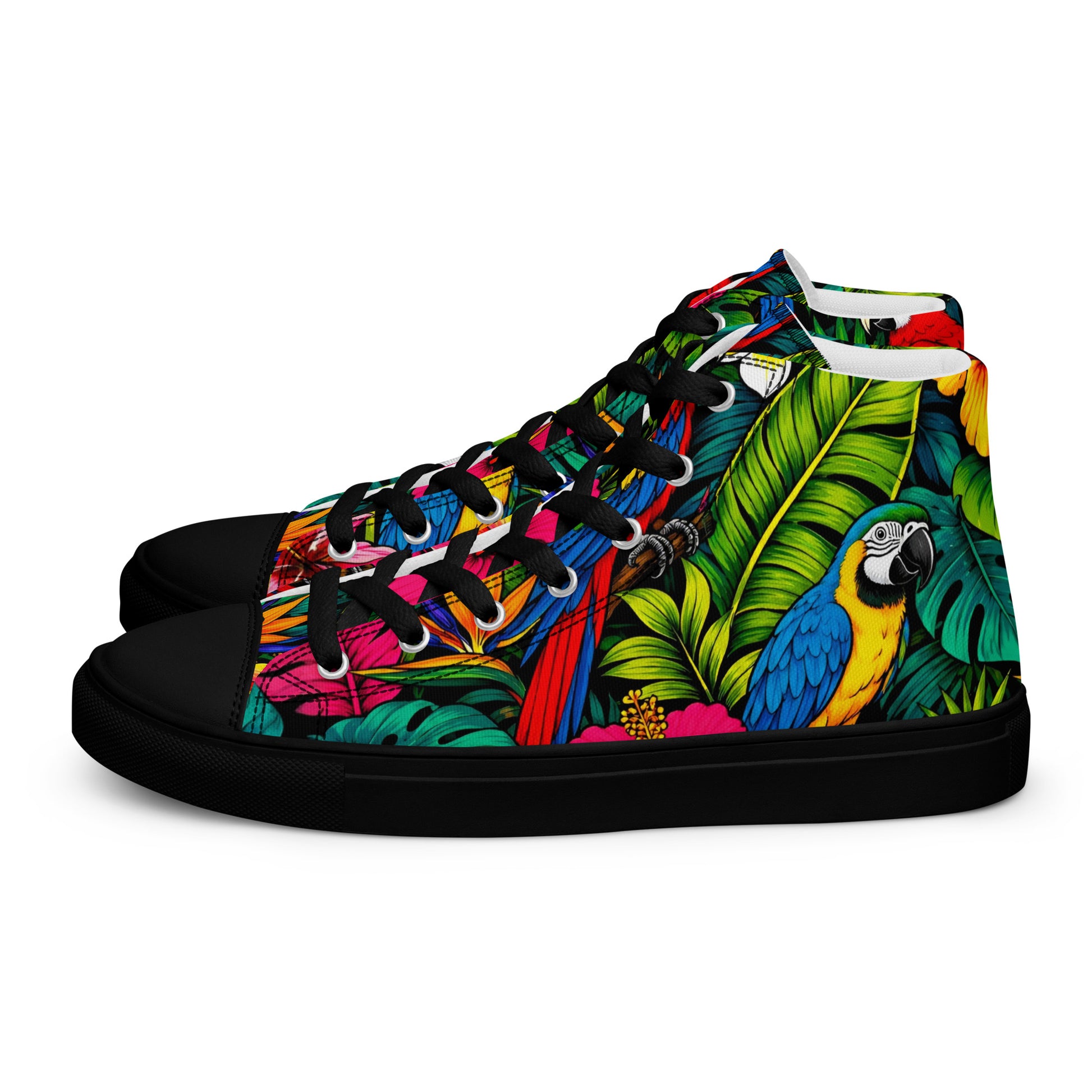 Women’s high top canvas shoes - Tropical Paradiso: Women’s High Top Canvas Shoes - Exotic Parrot & Floral Art by printfluence.net