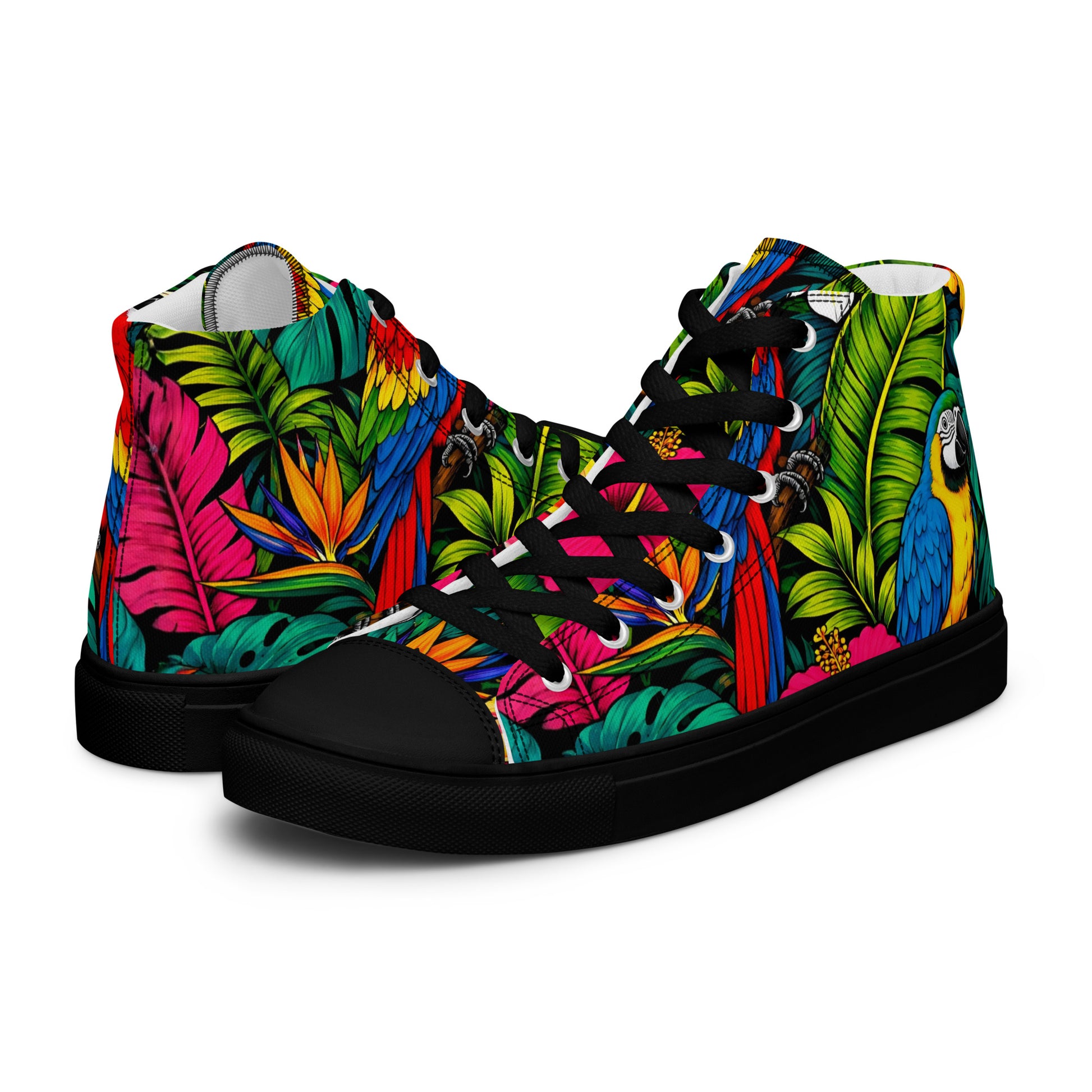 Women’s high top canvas shoes - Tropical Paradiso: Women’s High Top Canvas Shoes - Exotic Parrot & Floral Art by printfluence.net