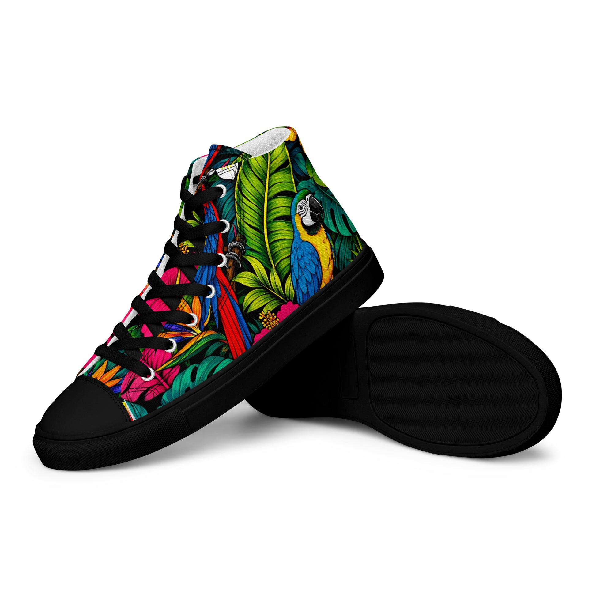 Women’s high top canvas shoes - Tropical Paradiso: Women’s High Top Canvas Shoes - Exotic Parrot & Floral Art by printfluence.net