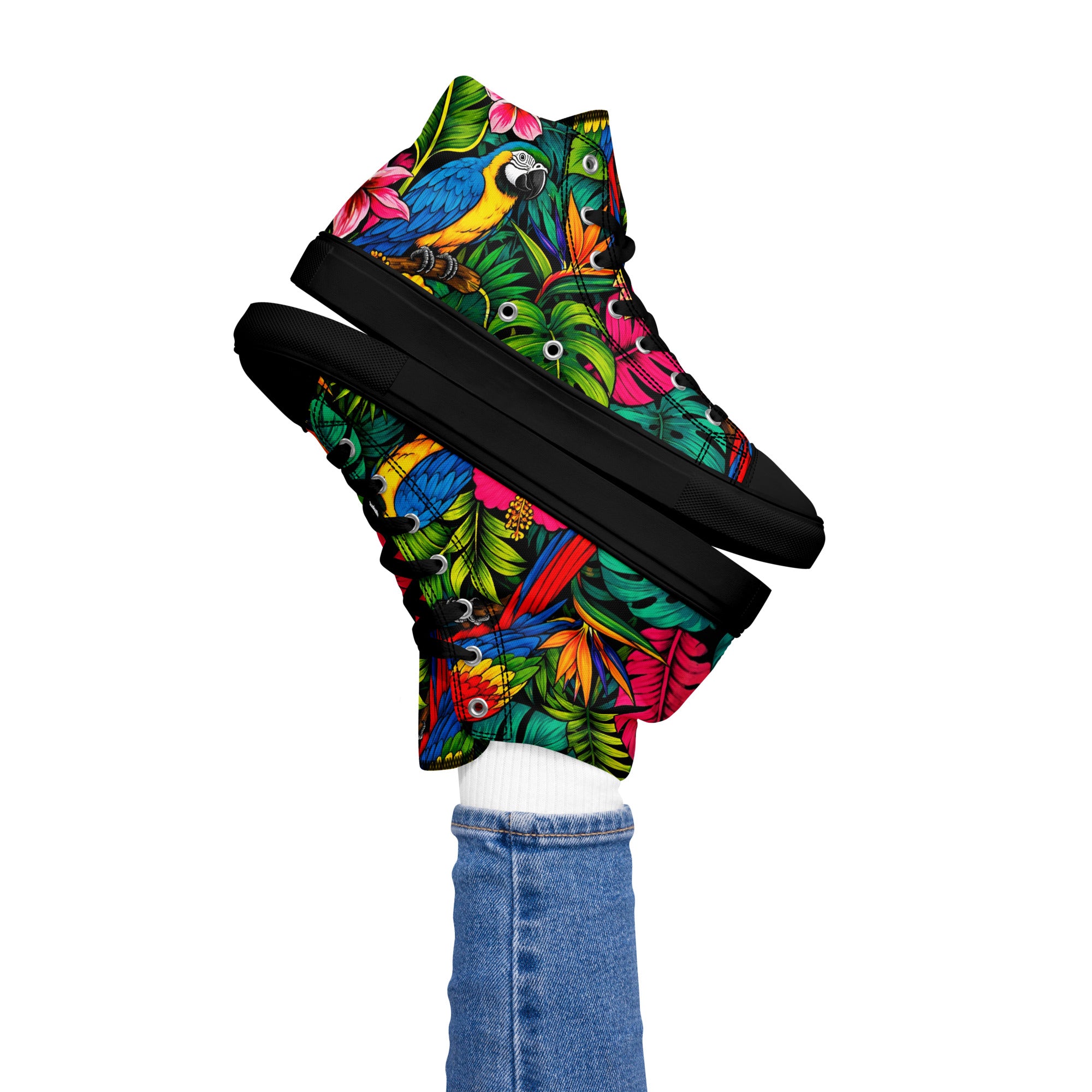 Women’s high top canvas shoes - Tropical Paradiso: Women’s High Top Canvas Shoes - Exotic Parrot & Floral Art by printfluence.net
