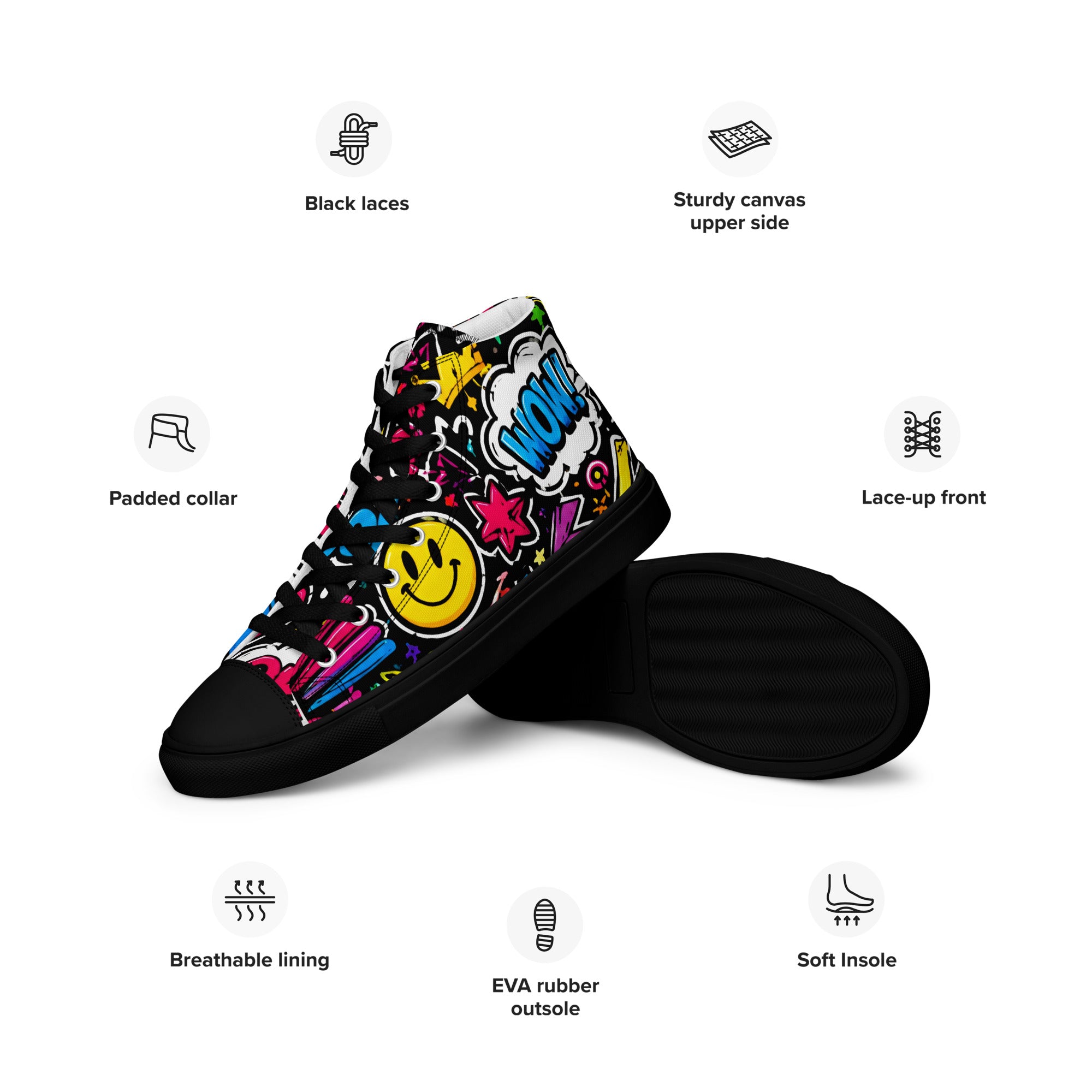 Women’s high top canvas shoes - Happy Vibes: Women’s High Top Canvas Shoes - Colorful Pop Art & Emoji Doodles by printfluence.net