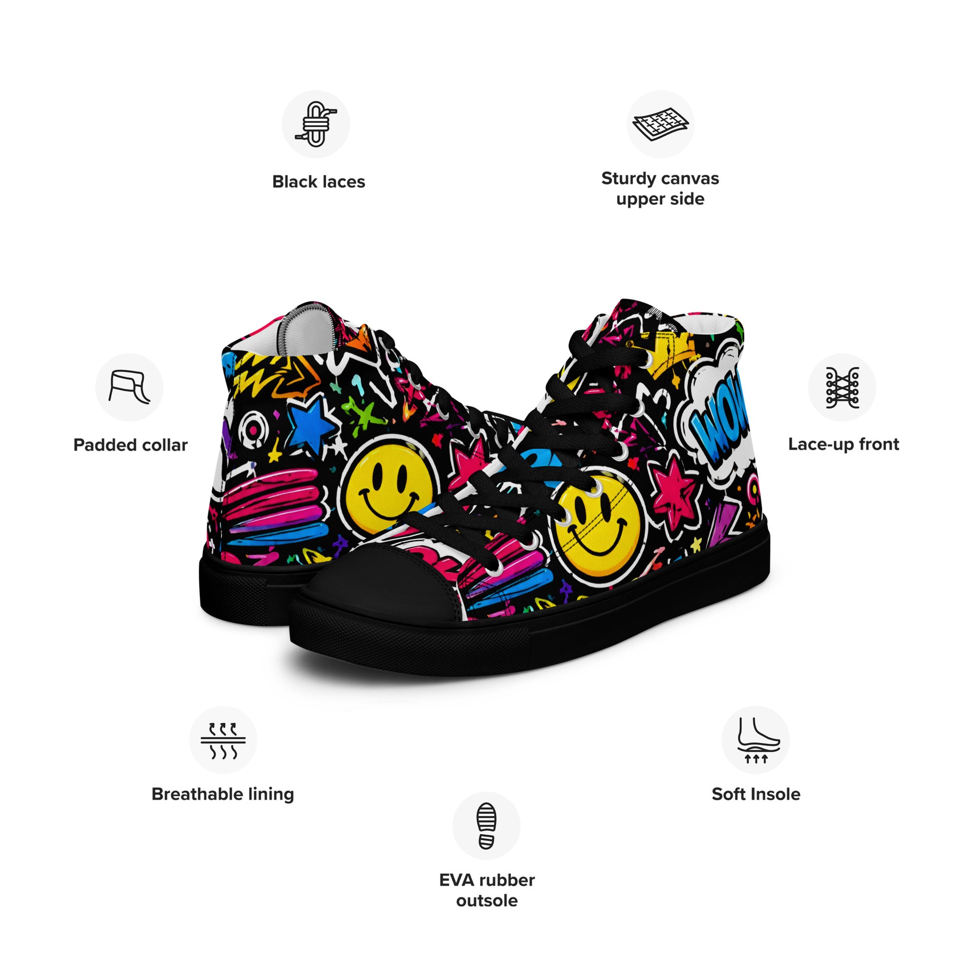 Women’s high top canvas shoes - Happy Vibes: Women’s High Top Canvas Shoes - Colorful Pop Art & Emoji Doodles by printfluence.net