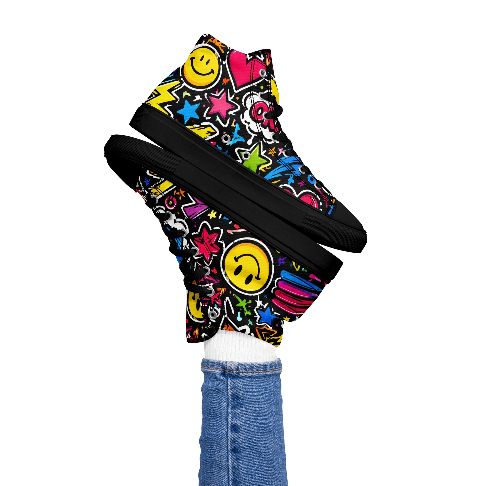 Women’s high top canvas shoes - Happy Vibes: Women’s High Top Canvas Shoes - Colorful Pop Art & Emoji Doodles by printfluence.net
