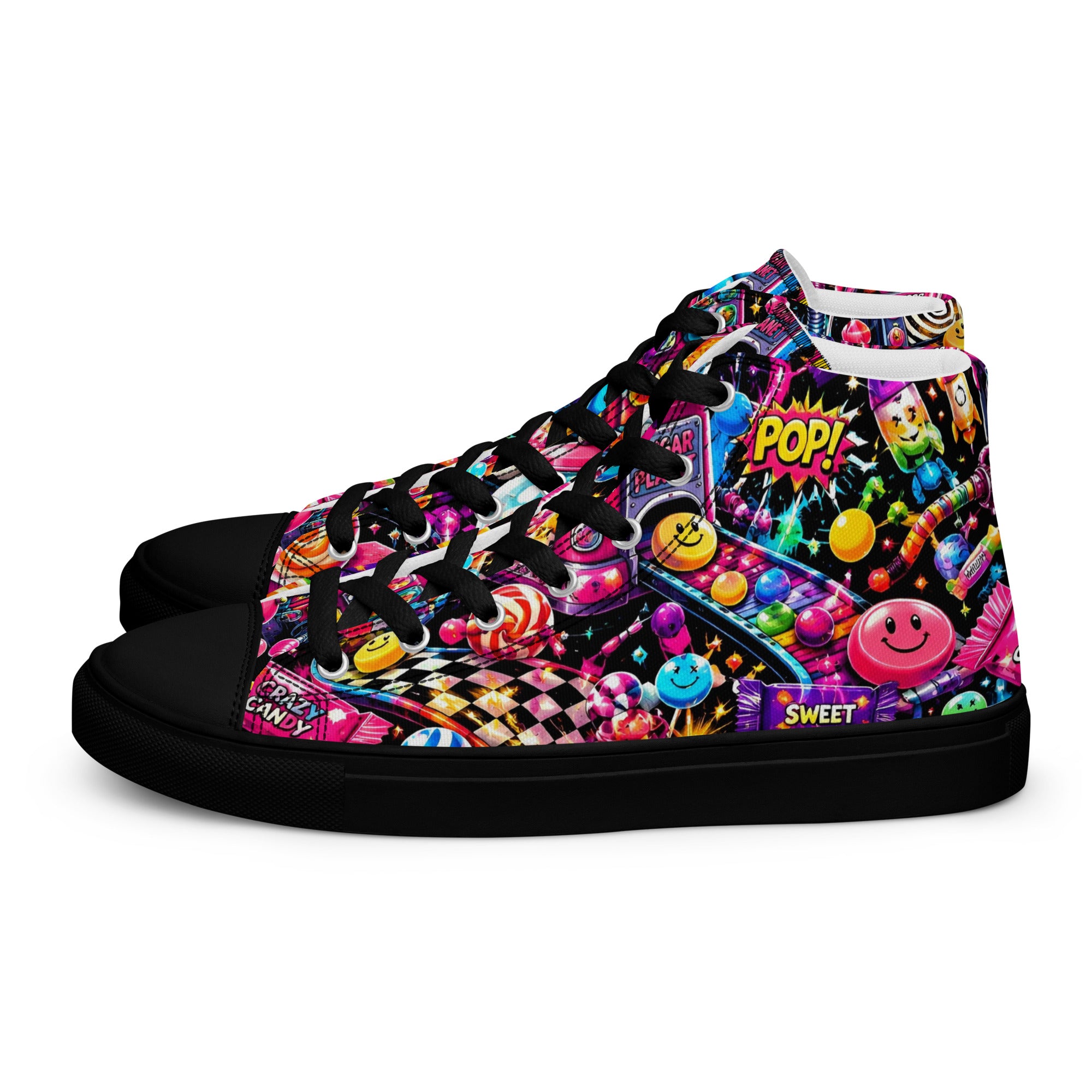 Women’s high top canvas shoes - Elite Sugar Planet Candy Machine - Premium Neon Pop Art Seamless Design by printfluence.net