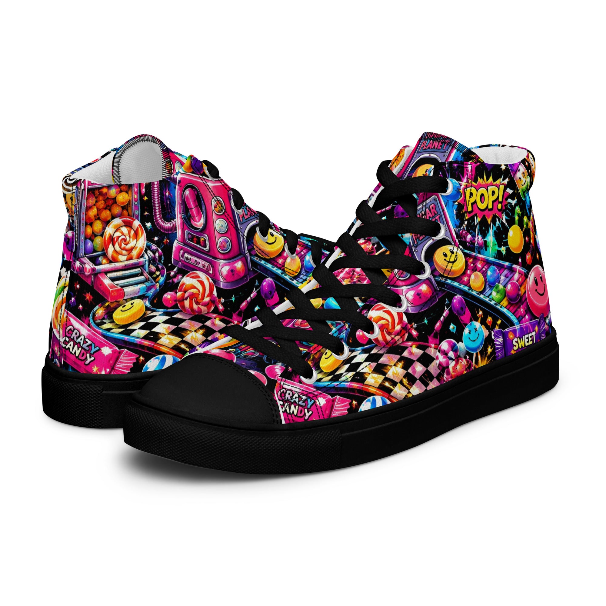 Women’s high top canvas shoes - Elite Sugar Planet Candy Machine - Premium Neon Pop Art Seamless Design by printfluence.net