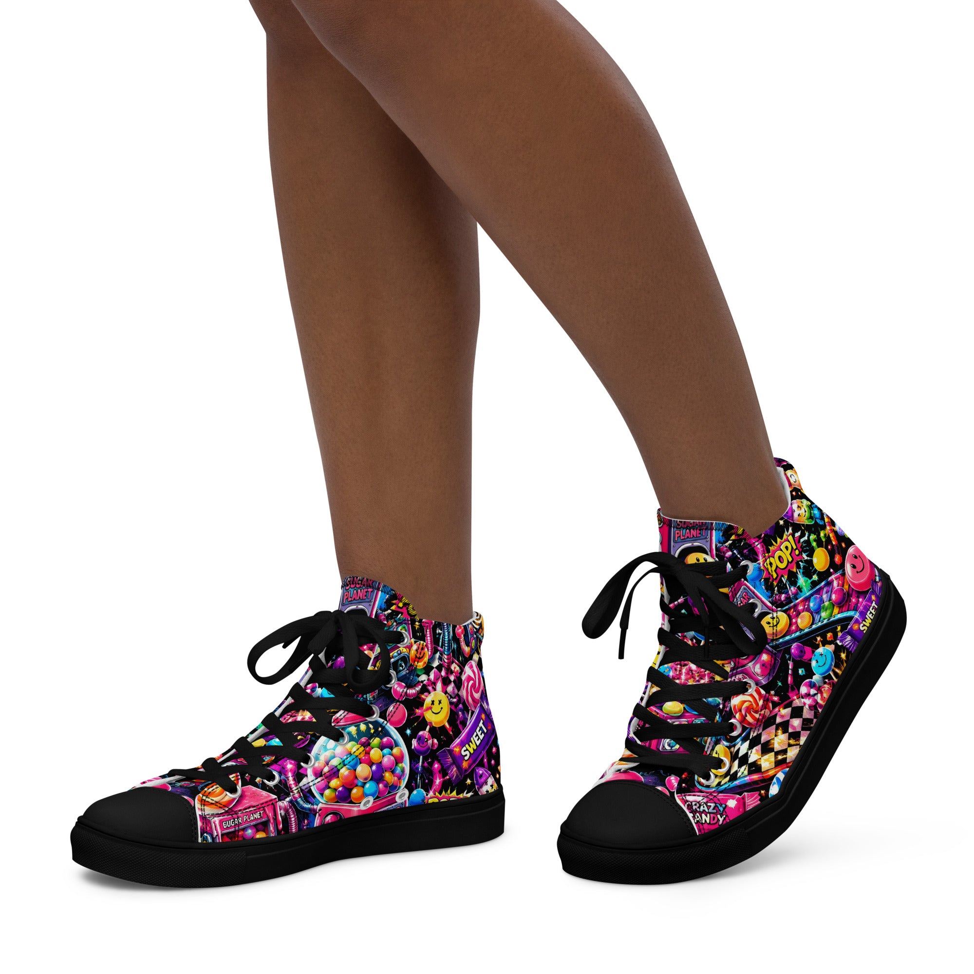 Women’s high top canvas shoes - Elite Sugar Planet Candy Machine - Premium Neon Pop Art Seamless Design by printfluence.net