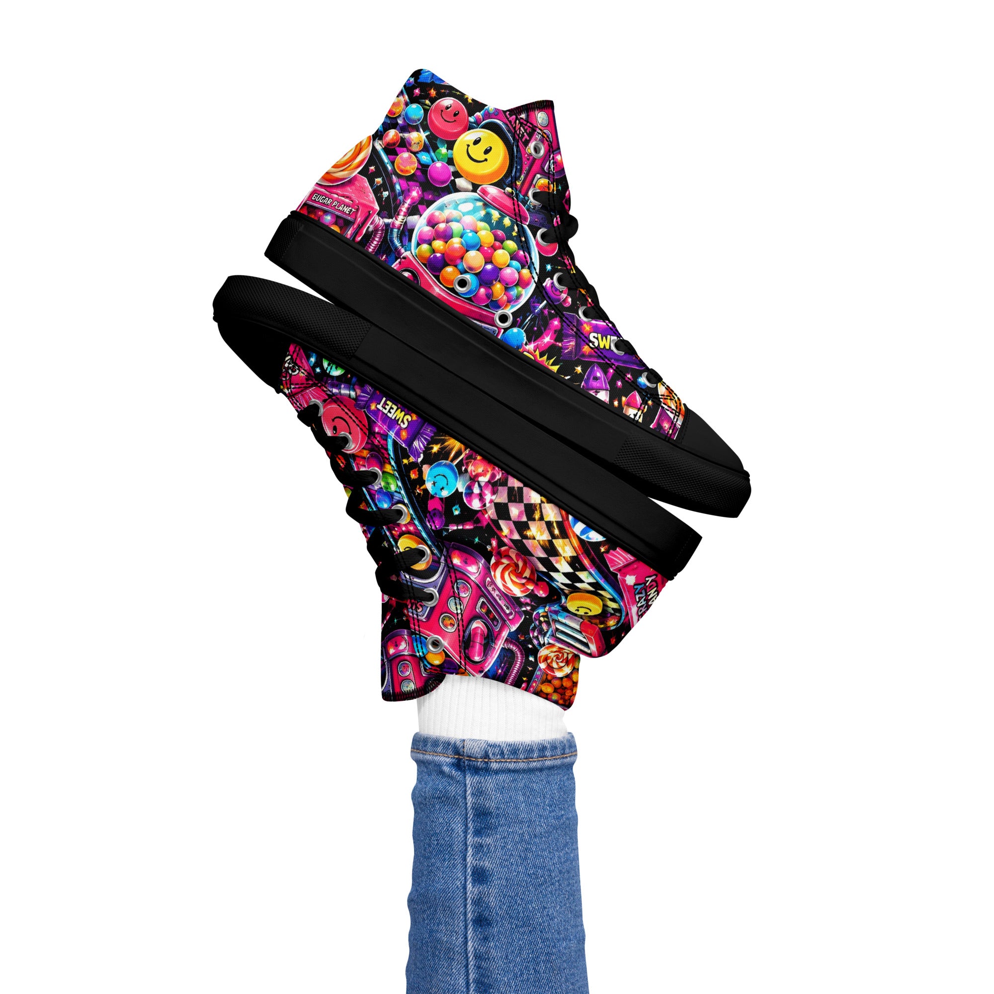 Women’s high top canvas shoes - Elite Sugar Planet Candy Machine - Premium Neon Pop Art Seamless Design by printfluence.net