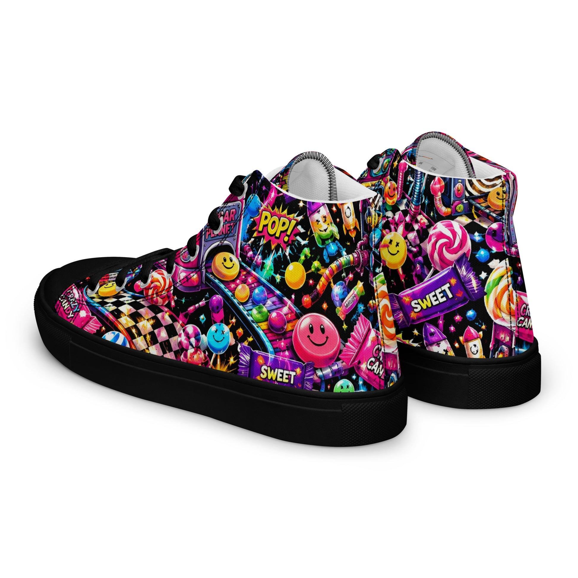 Women’s high top canvas shoes - Elite Sugar Planet Candy Machine - Premium Neon Pop Art Seamless Design by printfluence.net
