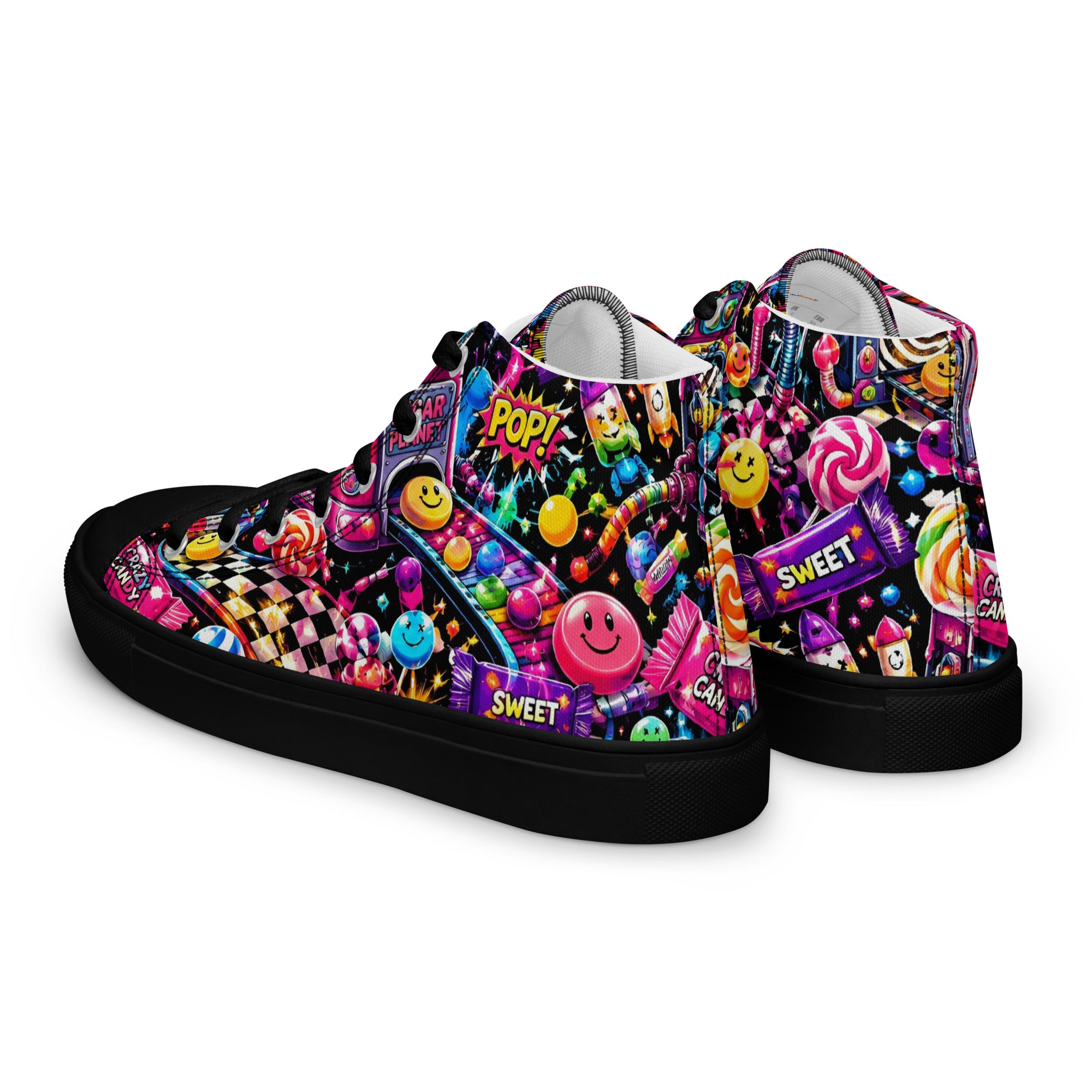 Women’s high top canvas shoes - Elite Sugar Planet Candy Machine - Premium Neon Pop Art Seamless Design by printfluence.net