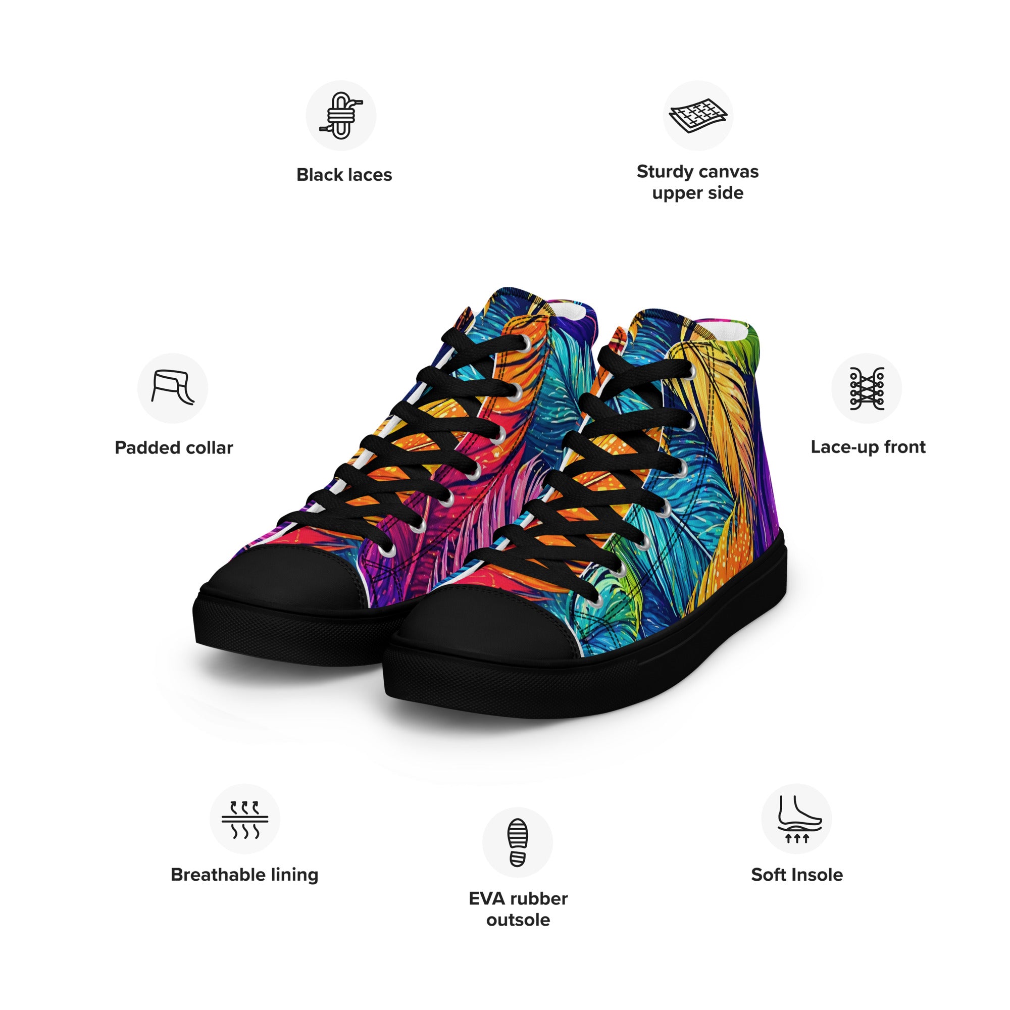 Women’s high top canvas shoes - Boho Spirit: Women’s High Top Canvas Shoes - Vibrant Feather Fantasy Design by printfluence.net
