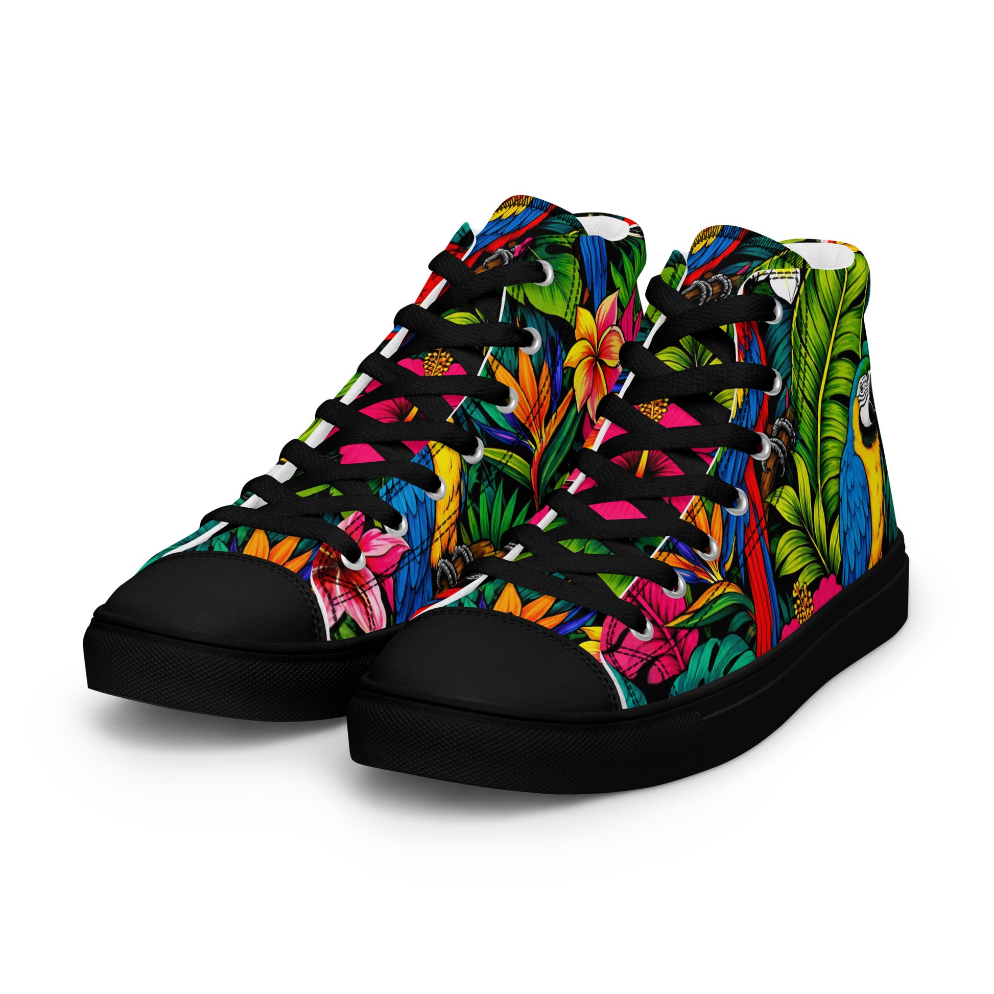 Women’s high top canvas shoes - Tropical Paradiso: Women’s High Top Canvas Shoes - Exotic Parrot & Floral Art by printfluence.net