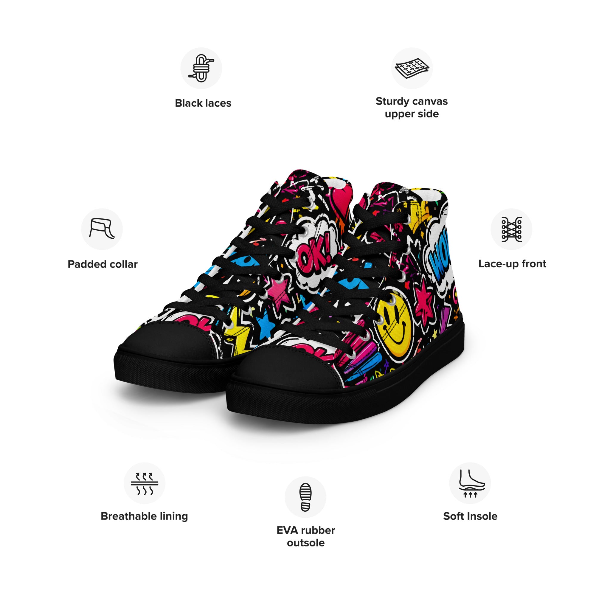 Women’s high top canvas shoes - Happy Vibes: Women’s High Top Canvas Shoes - Colorful Pop Art & Emoji Doodles by printfluence.net