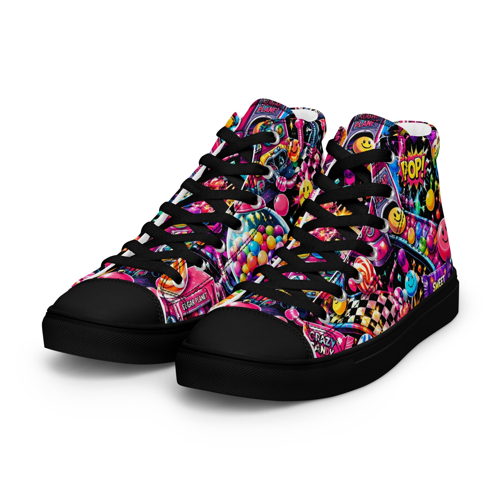 Women’s high top canvas shoes - Elite Sugar Planet Candy Machine - Premium Neon Pop Art Seamless Design by printfluence.net