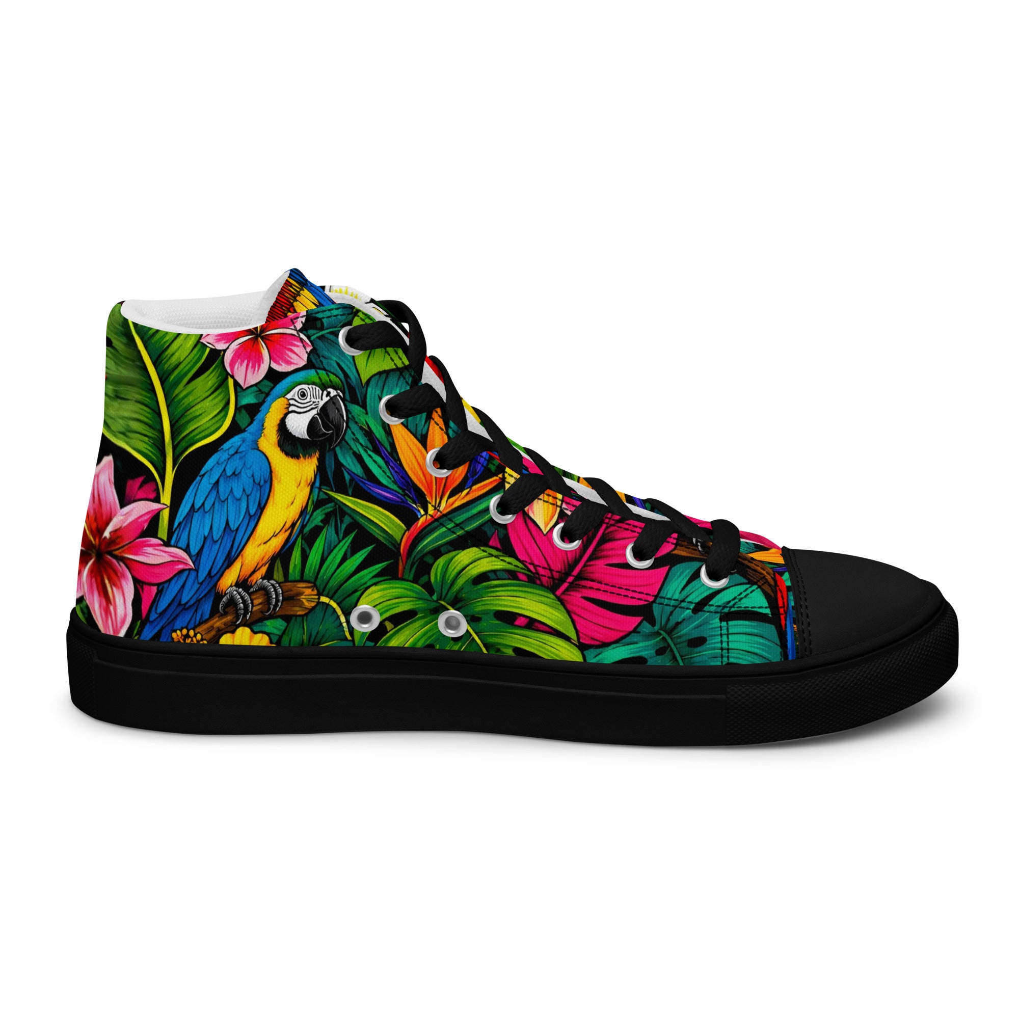Women’s high top canvas shoes - Tropical Paradiso: Women’s High Top Canvas Shoes - Exotic Parrot & Floral Art by printfluence.net