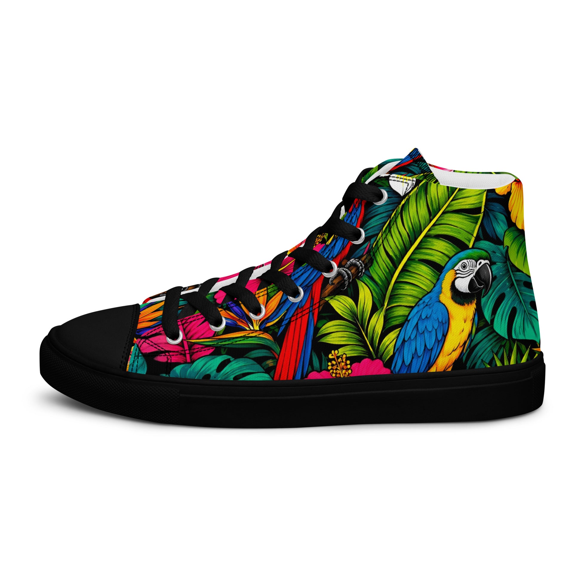 Women’s high top canvas shoes - Tropical Paradiso: Women’s High Top Canvas Shoes - Exotic Parrot & Floral Art by printfluence.net